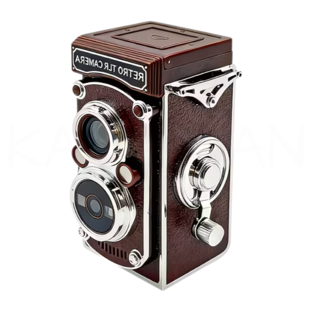Una cámara retro marrón de doble lente con detalles plateados.