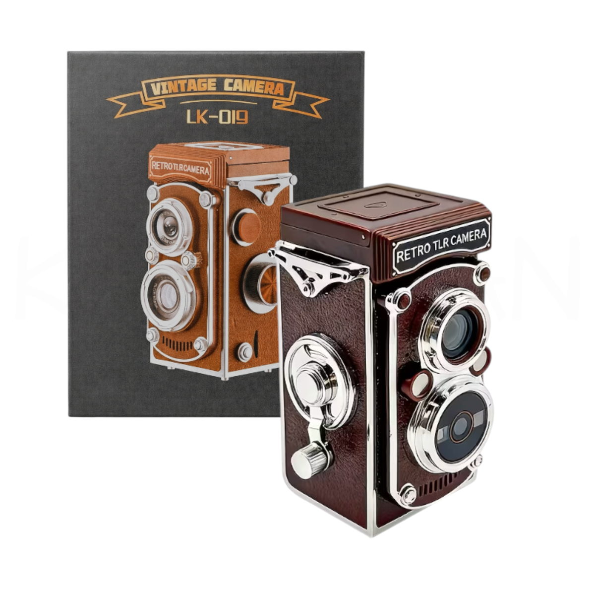 Un modelo de cámara vintage marrón de doble lente con detalles plateados frente a un empaque oscuro.