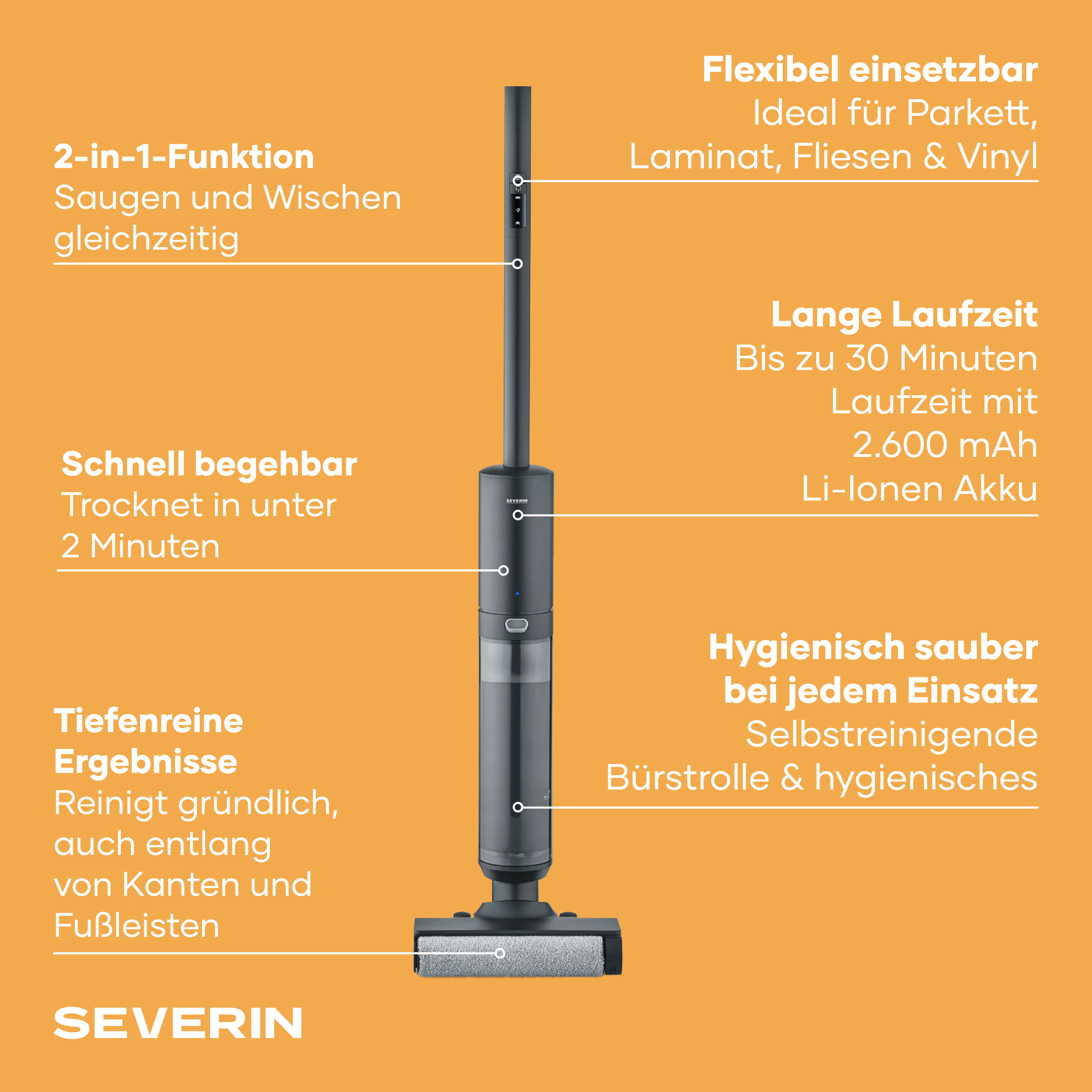 Un aspirapolvere bagnato/asciutto grigio scuro con rullo spazzola su sfondo arancione.