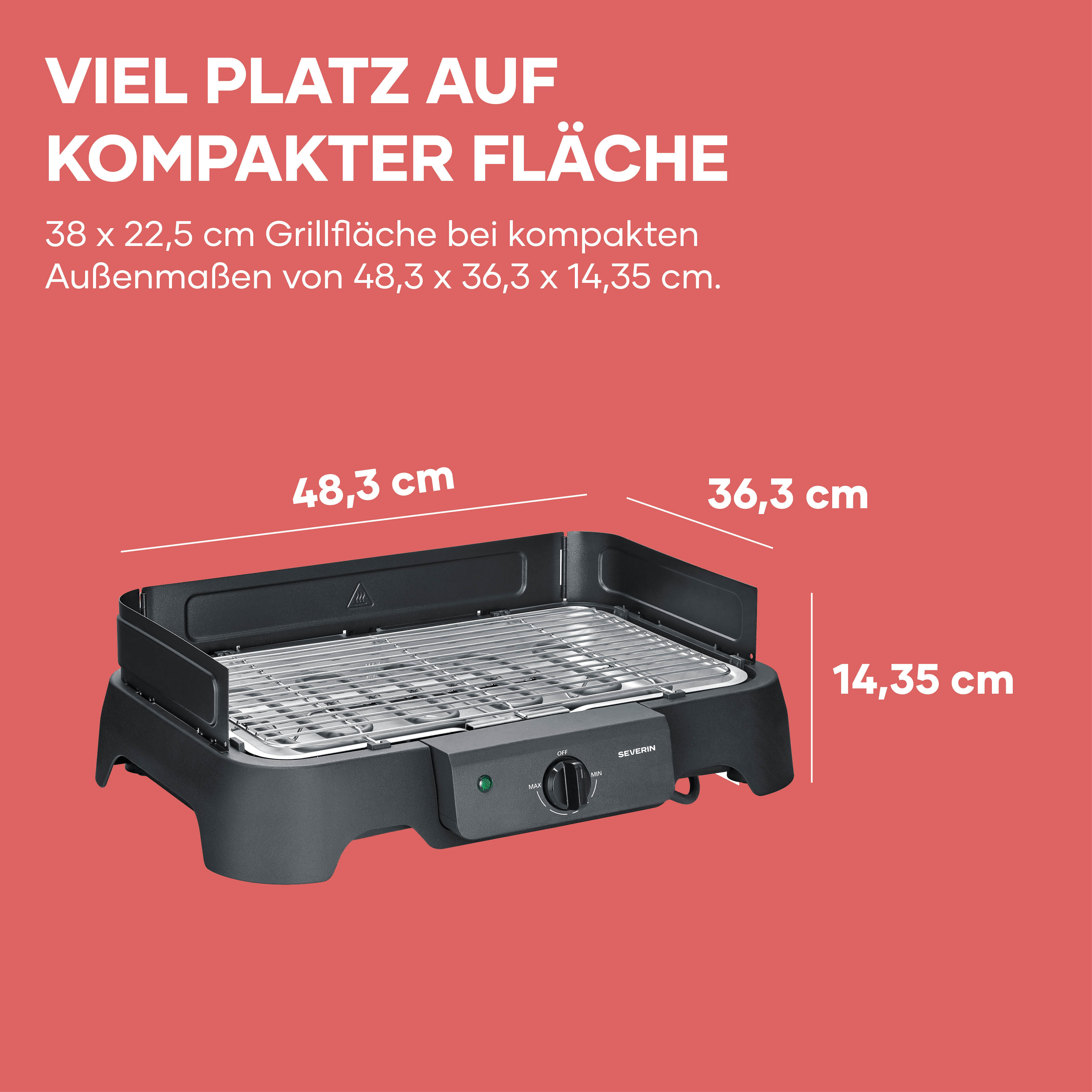Grill elettrico compatto misura 48,3x36,3x14,35cm con superficie grill 38x22,5cm.