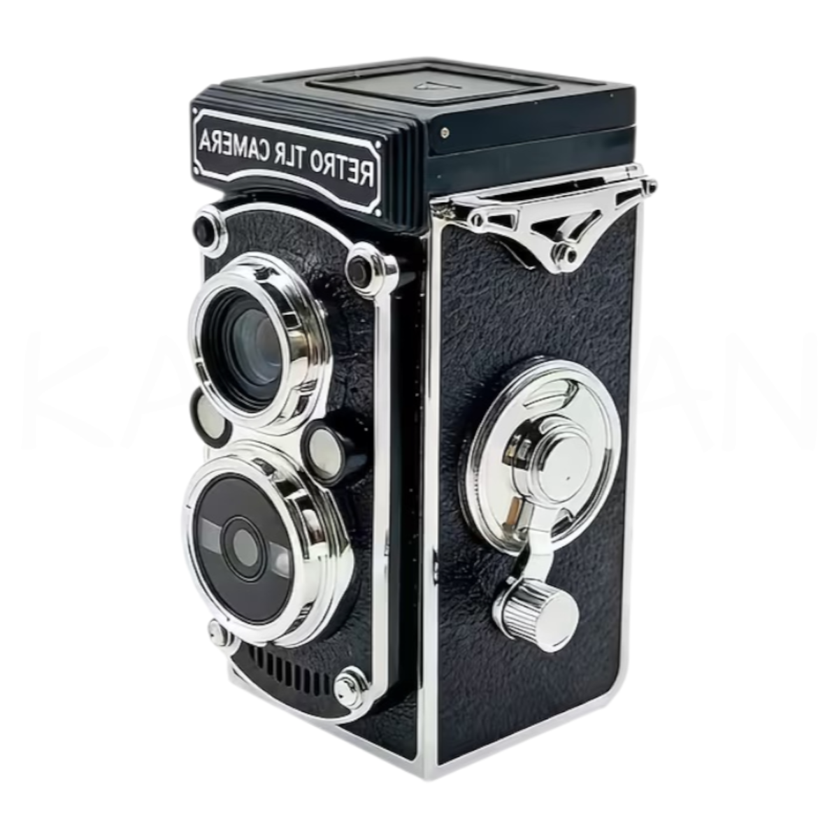 Una cámara réflex de lente gemela retro negra con detalles plateados y etiqueta blanca.