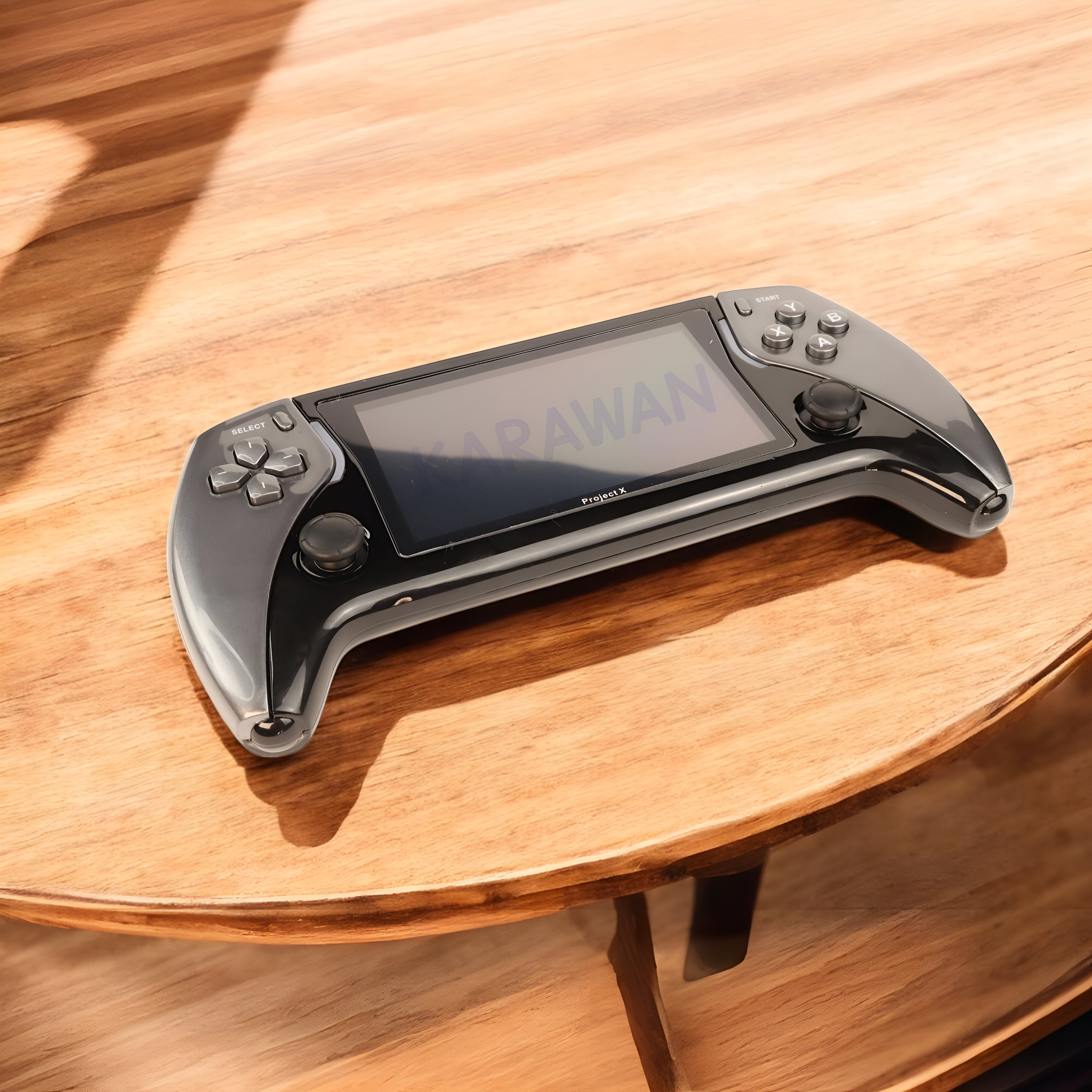 Un dispositivo de juego portátil negro con pantalla y botones sobre una mesa de madera.