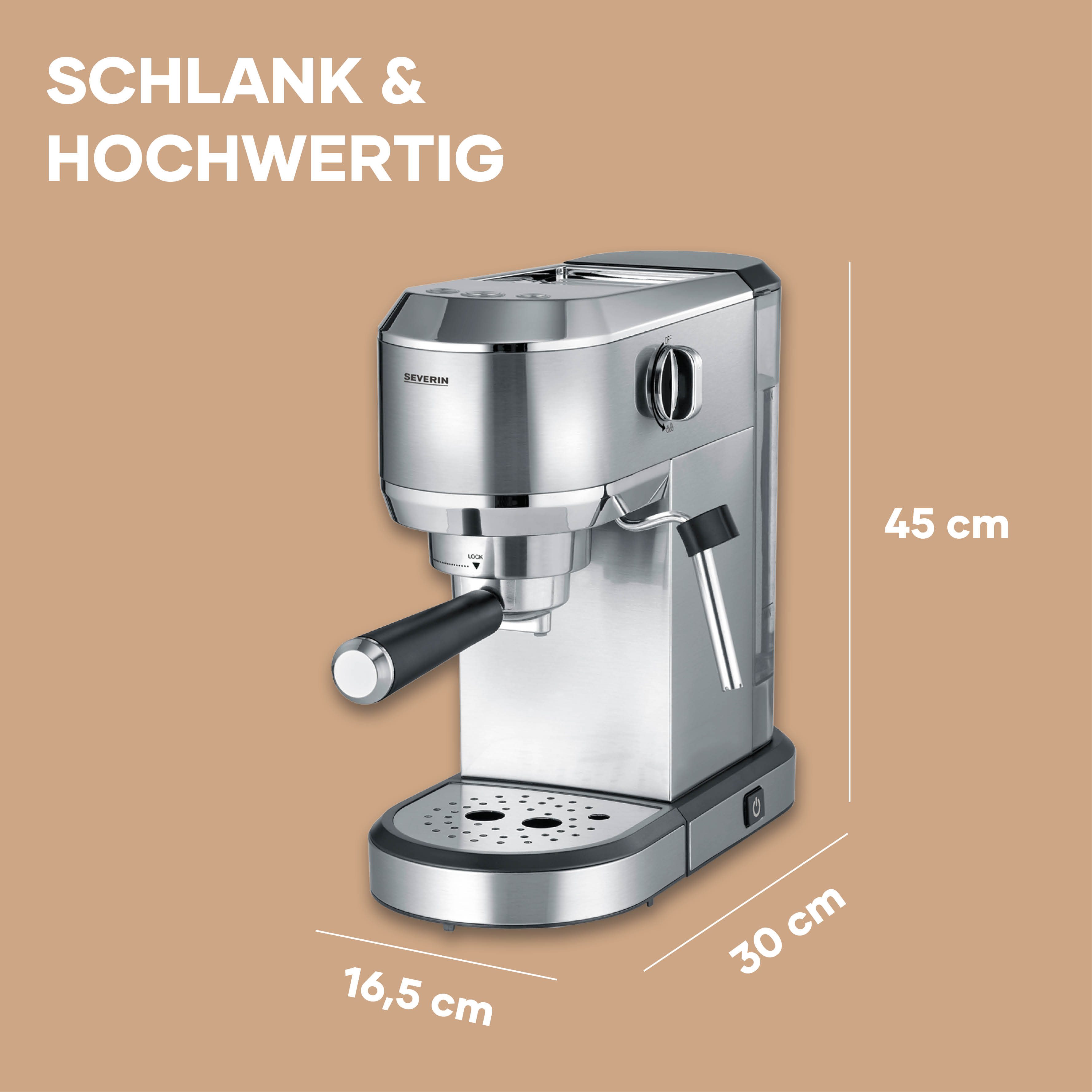 Zilveren espressomachine met zwarte handgreep. Afmetingen: 45x30x16,5 cm.