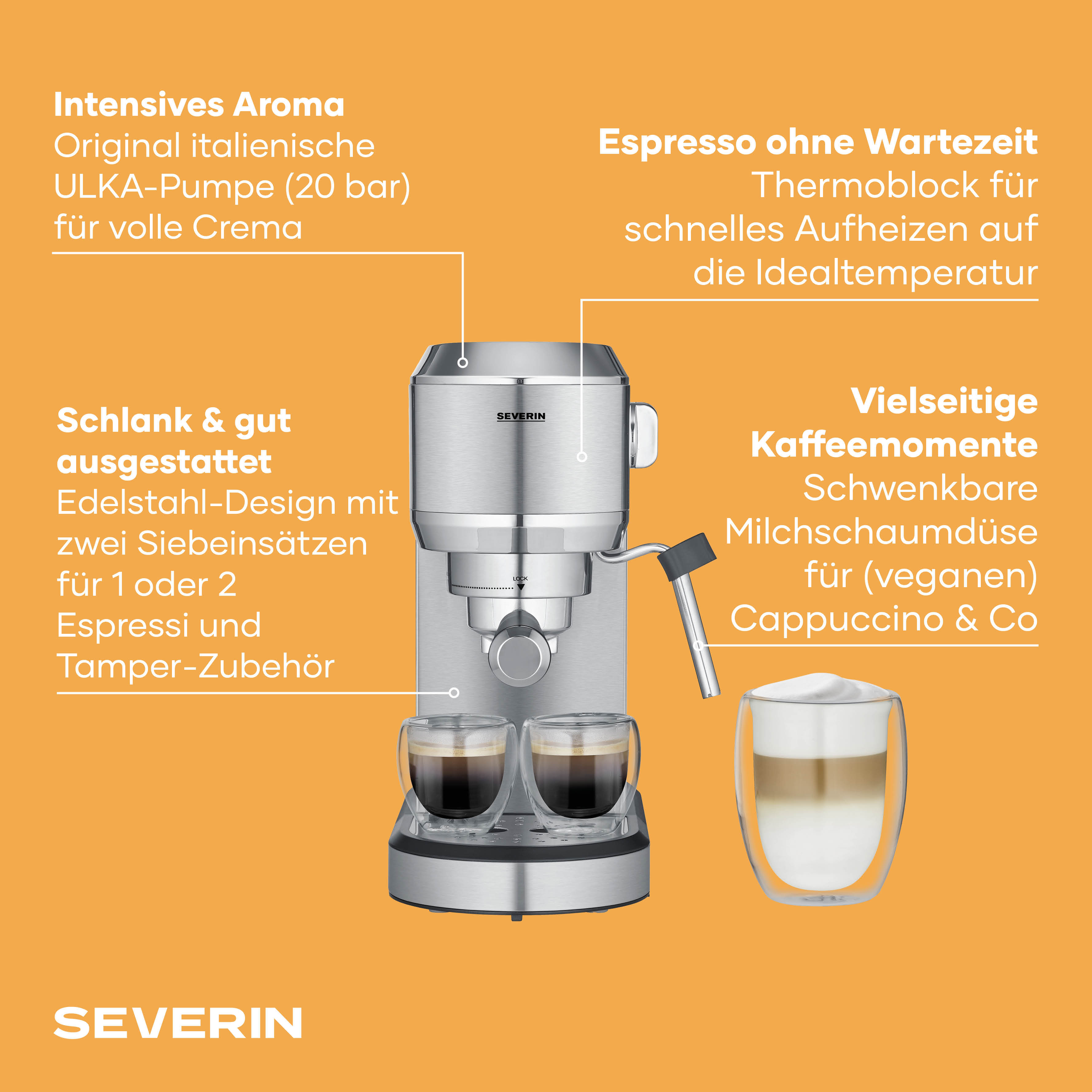 RVS espressomachine met twee kopjes koffie en één met melkschuim.