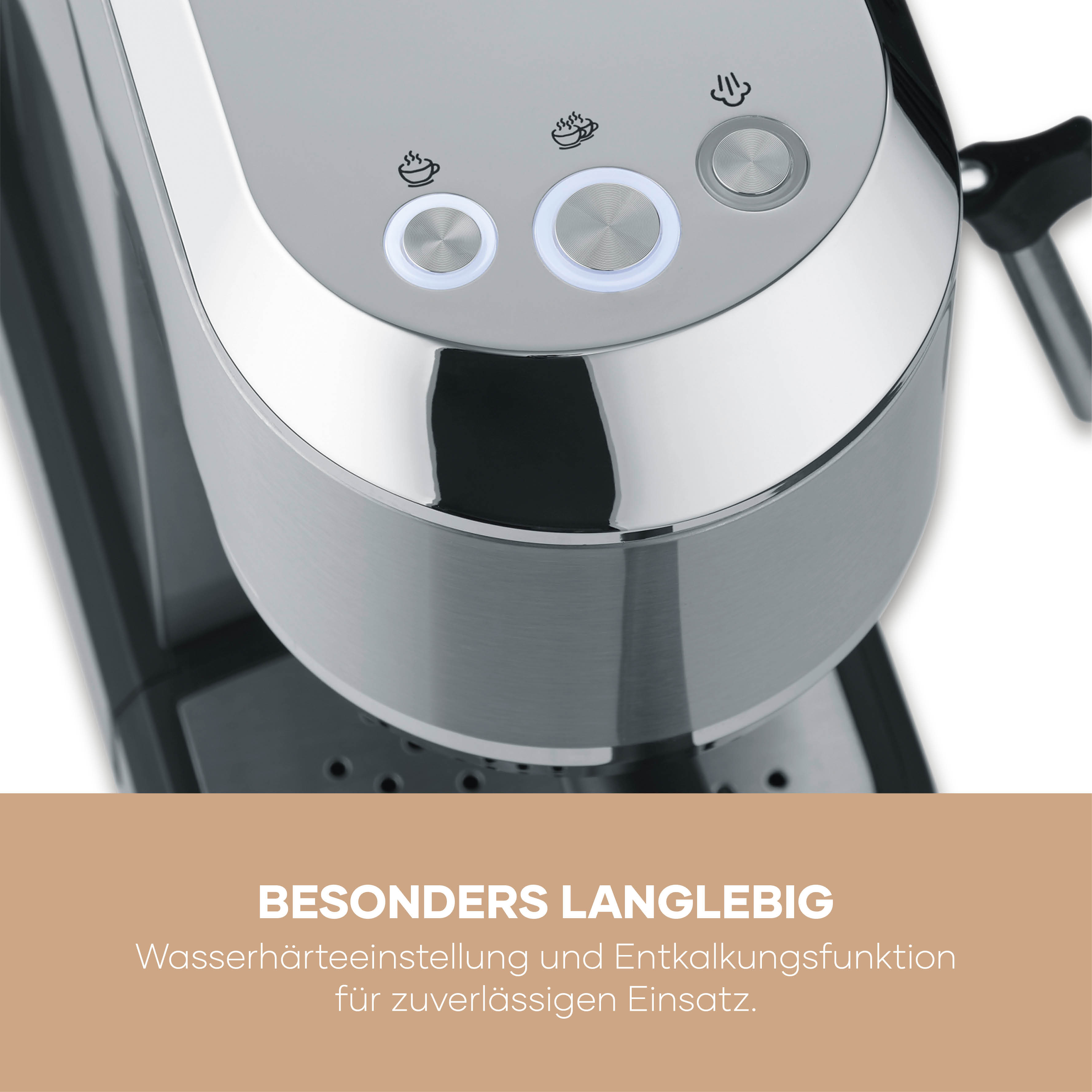 Een koffiezetapparaat met verlichte knoppen en stoompijp.