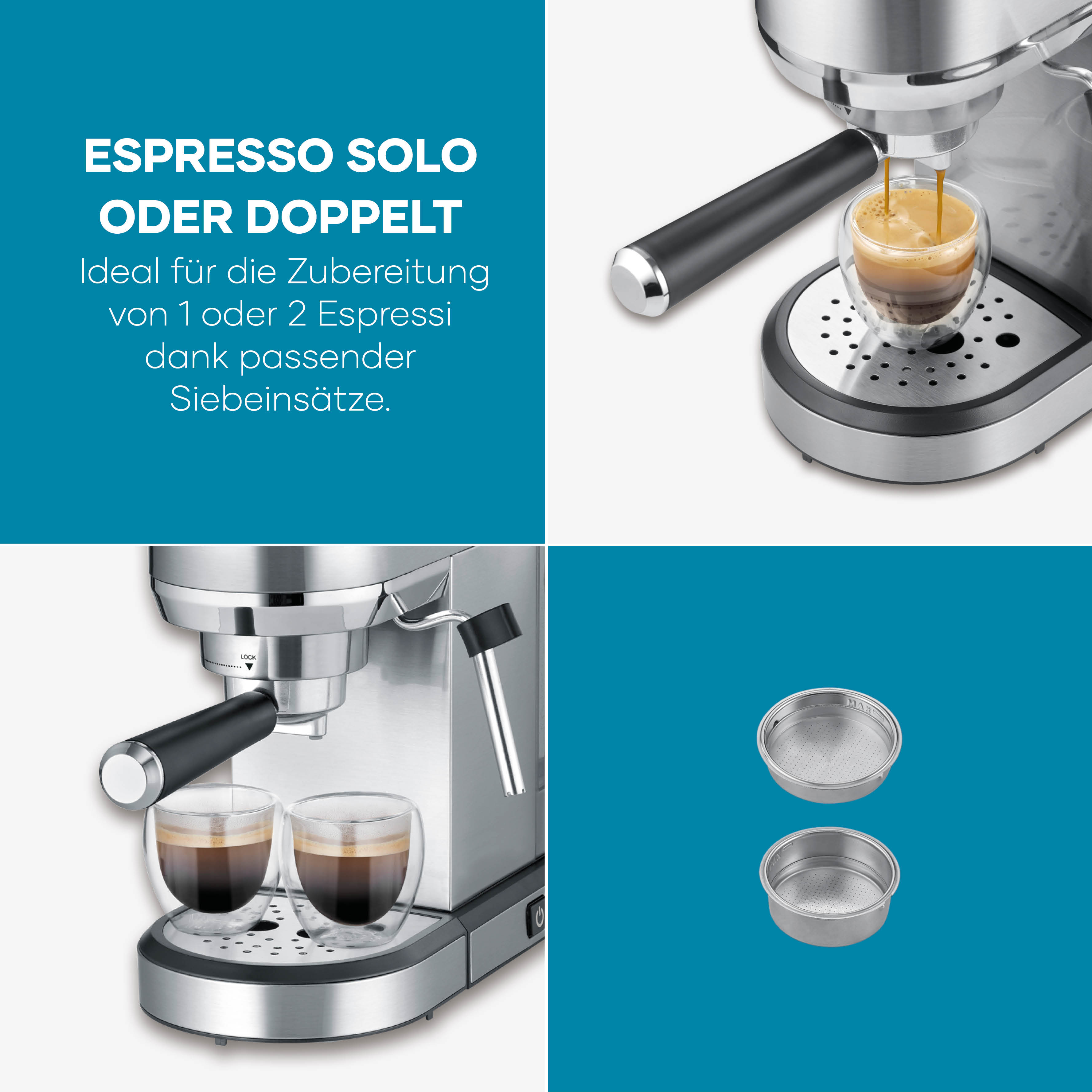 Espressomachine met twee glazen espresso en twee filterbakjes.