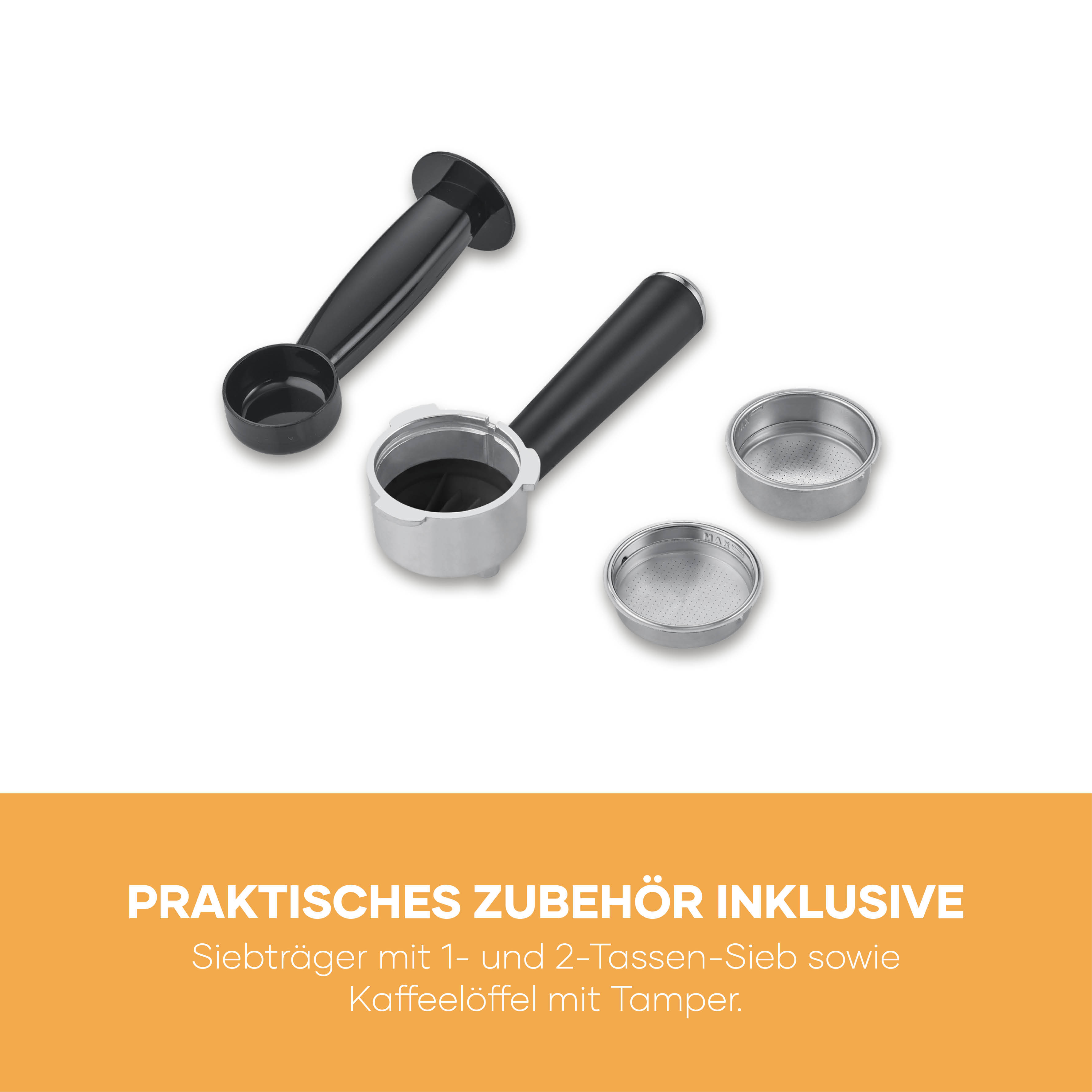 Portafilter met 1- en 2-kops filter, schepje met tamper.