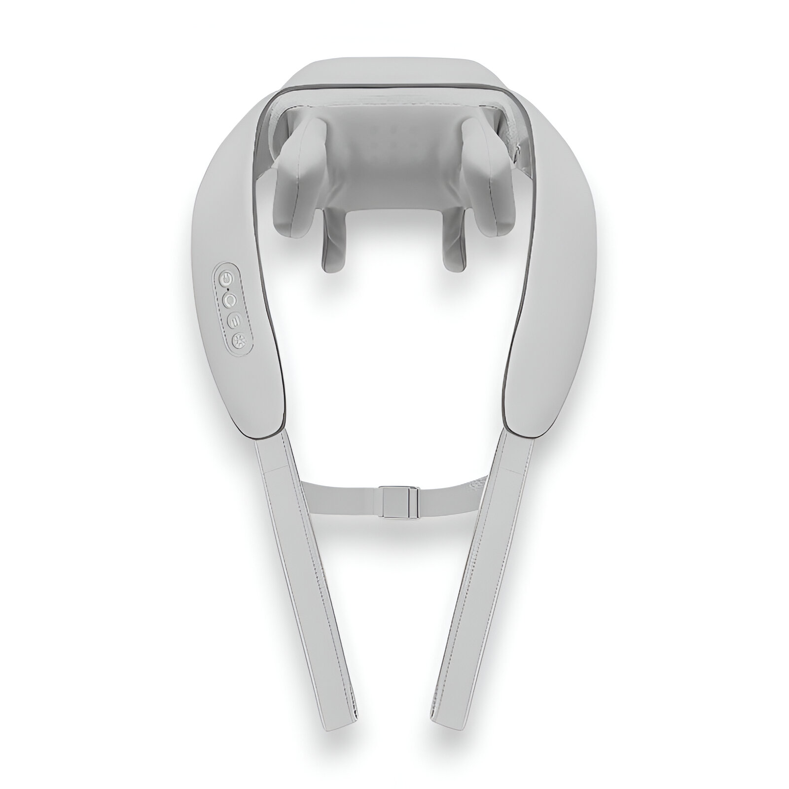 Un masajeador de cuello blanco con dos rodillos de masaje y botones de control.