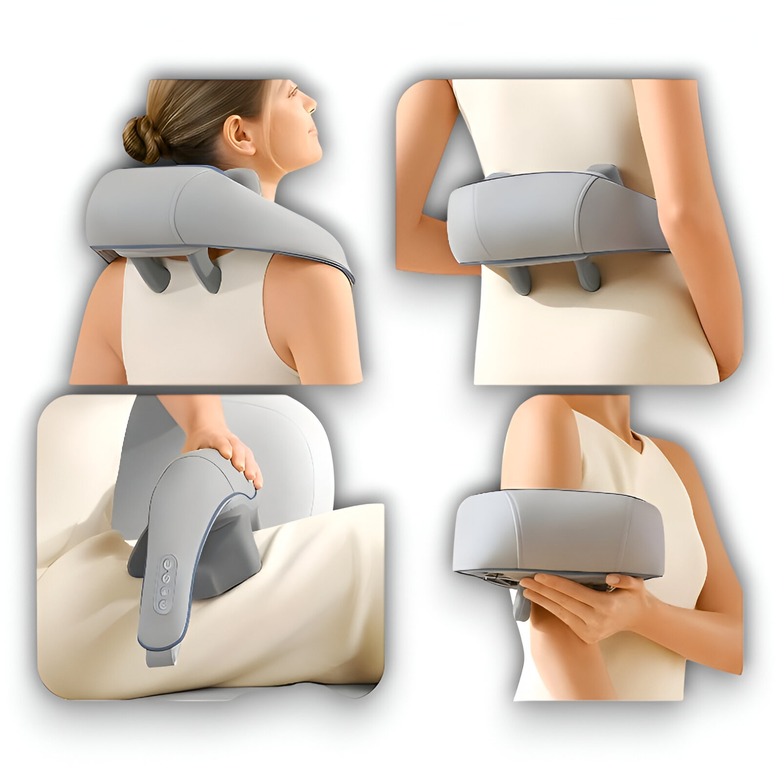 Masajeador de cuello gris en cuello, espalda y brazo de mujer.