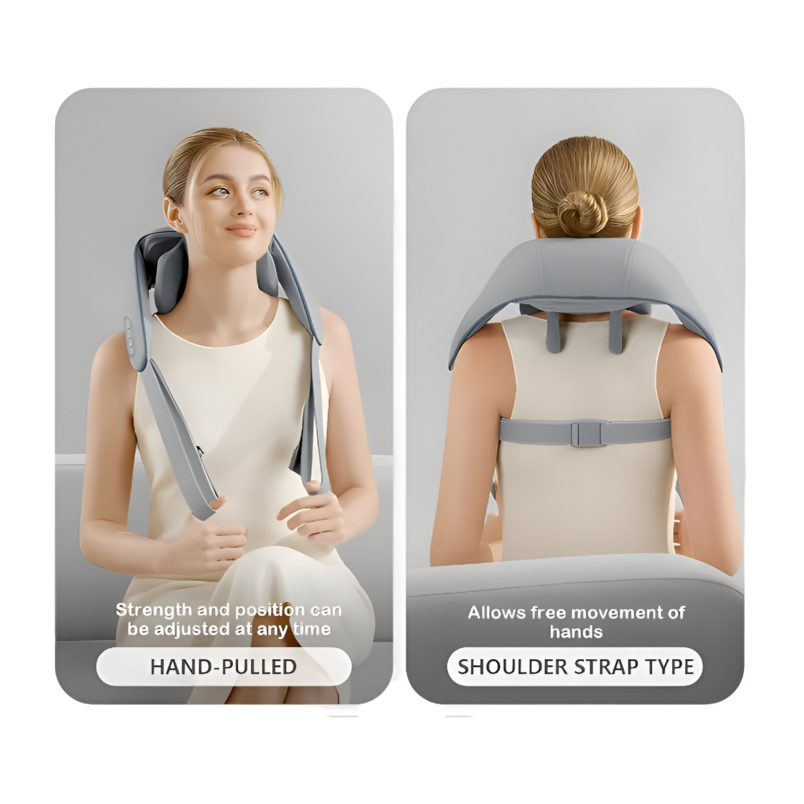 Mujer con masajeador de cuello, vista frontal y trasera. Ajustable.