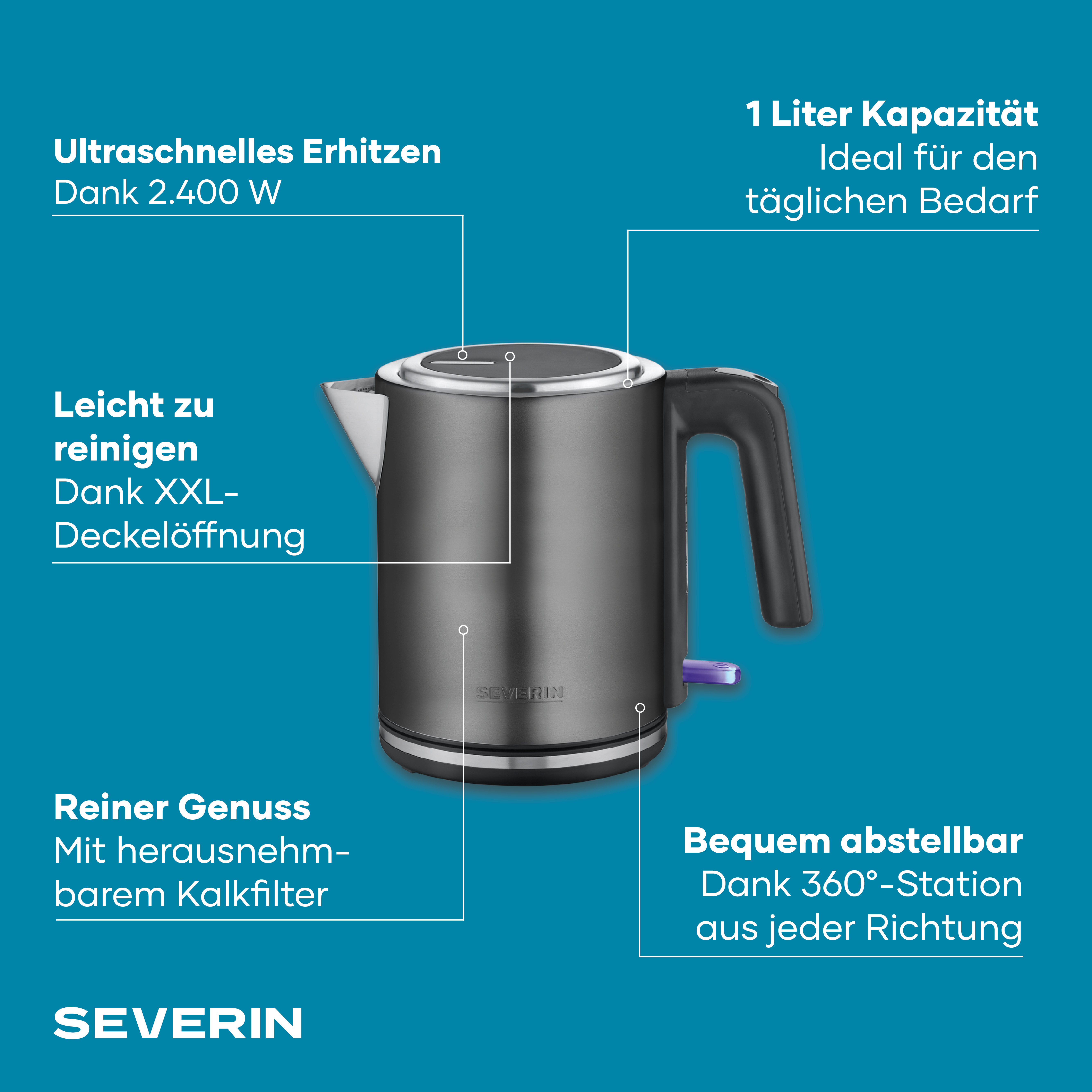 Grauer Wasserkocher mit schwarzen Griff, 1L Kapazität, 2400W, herausnehmbarer Kalkfilter.