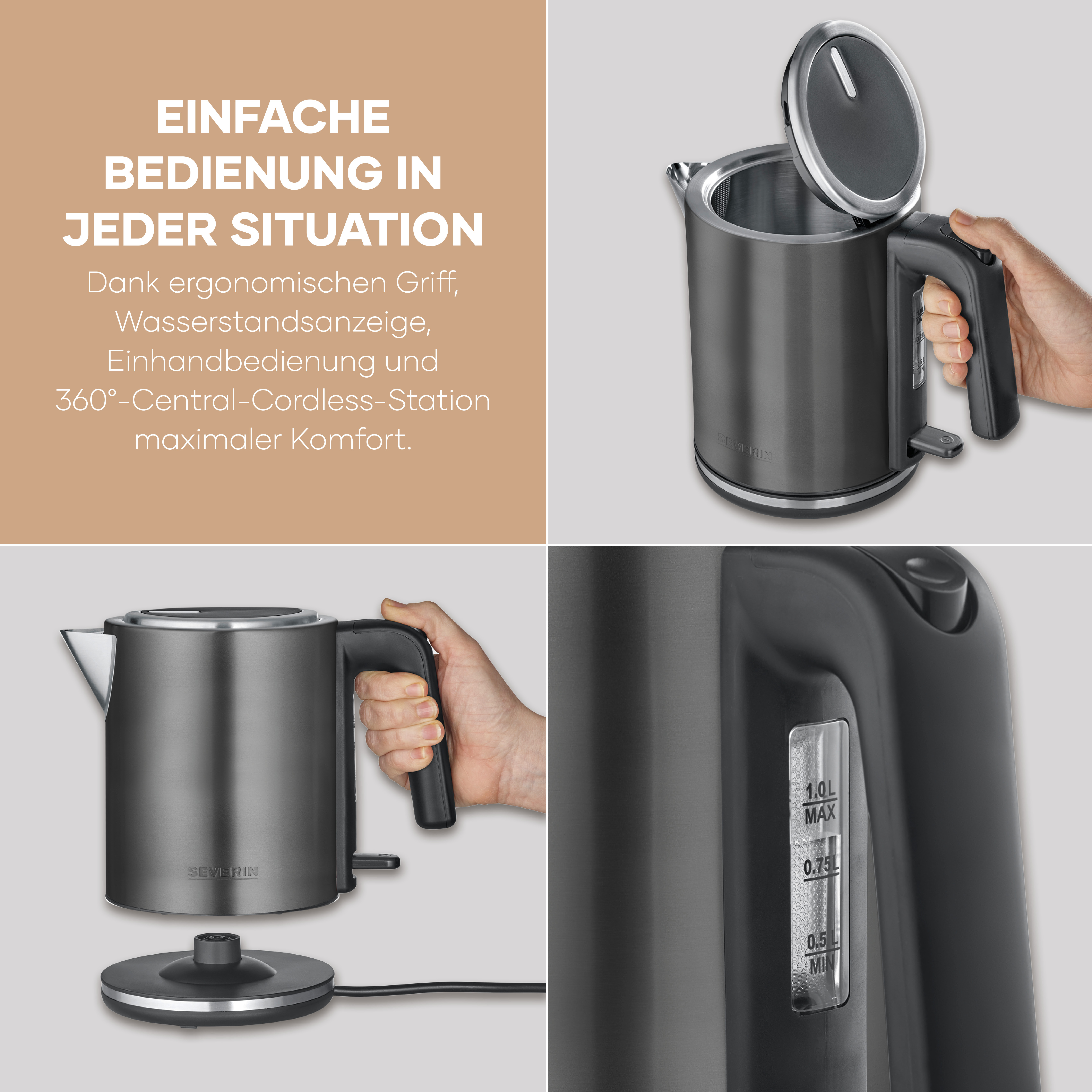 Ein grauer Wasserkocher mit Griff und Wasserstandsanzeige wird gezeigt.