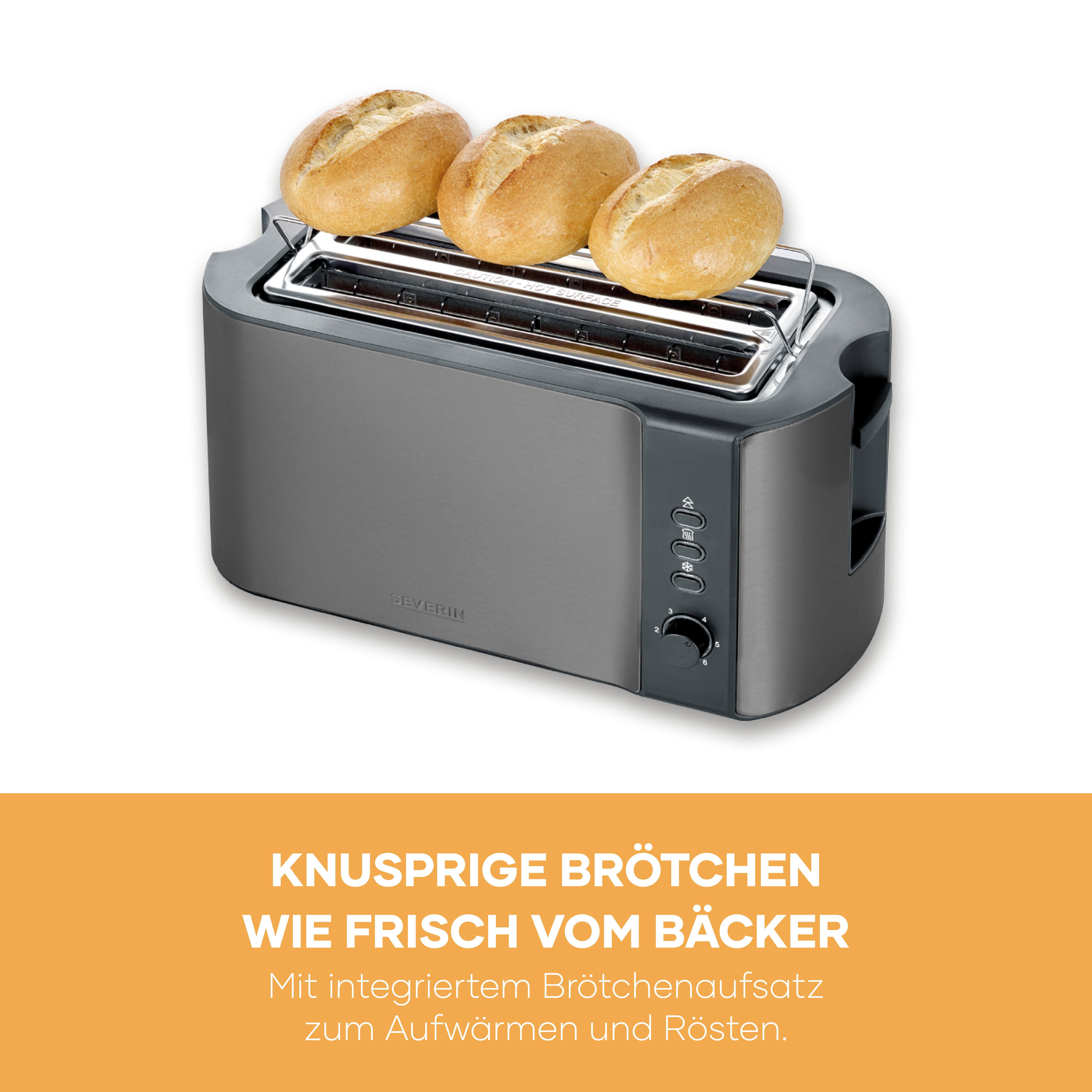 Un tostapane grigio con tre panini sull'apposito supporto.