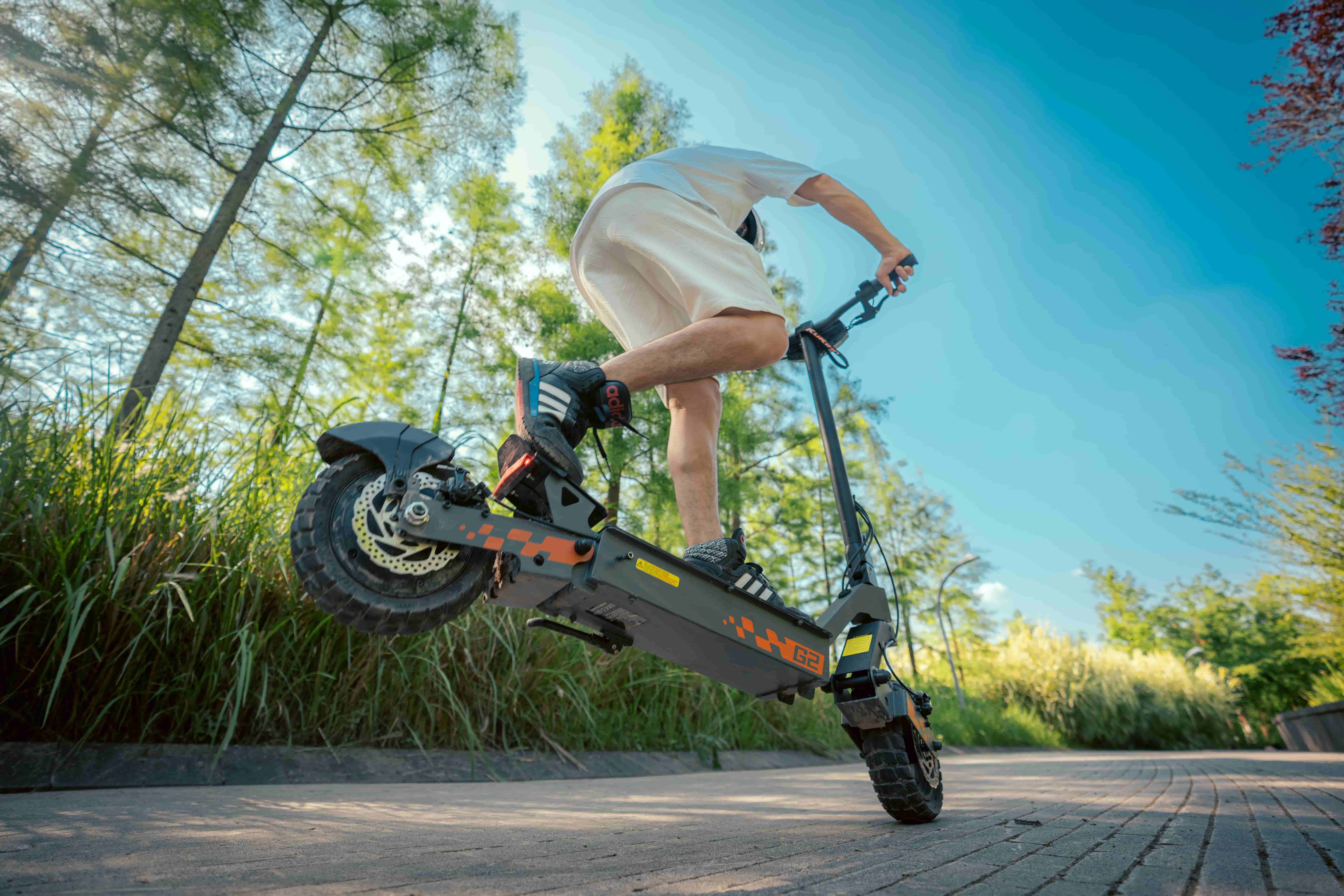 Ein Mann auf einem E-Scooter fährt auf einer Straße, umgeben von Bäumen und Gras.