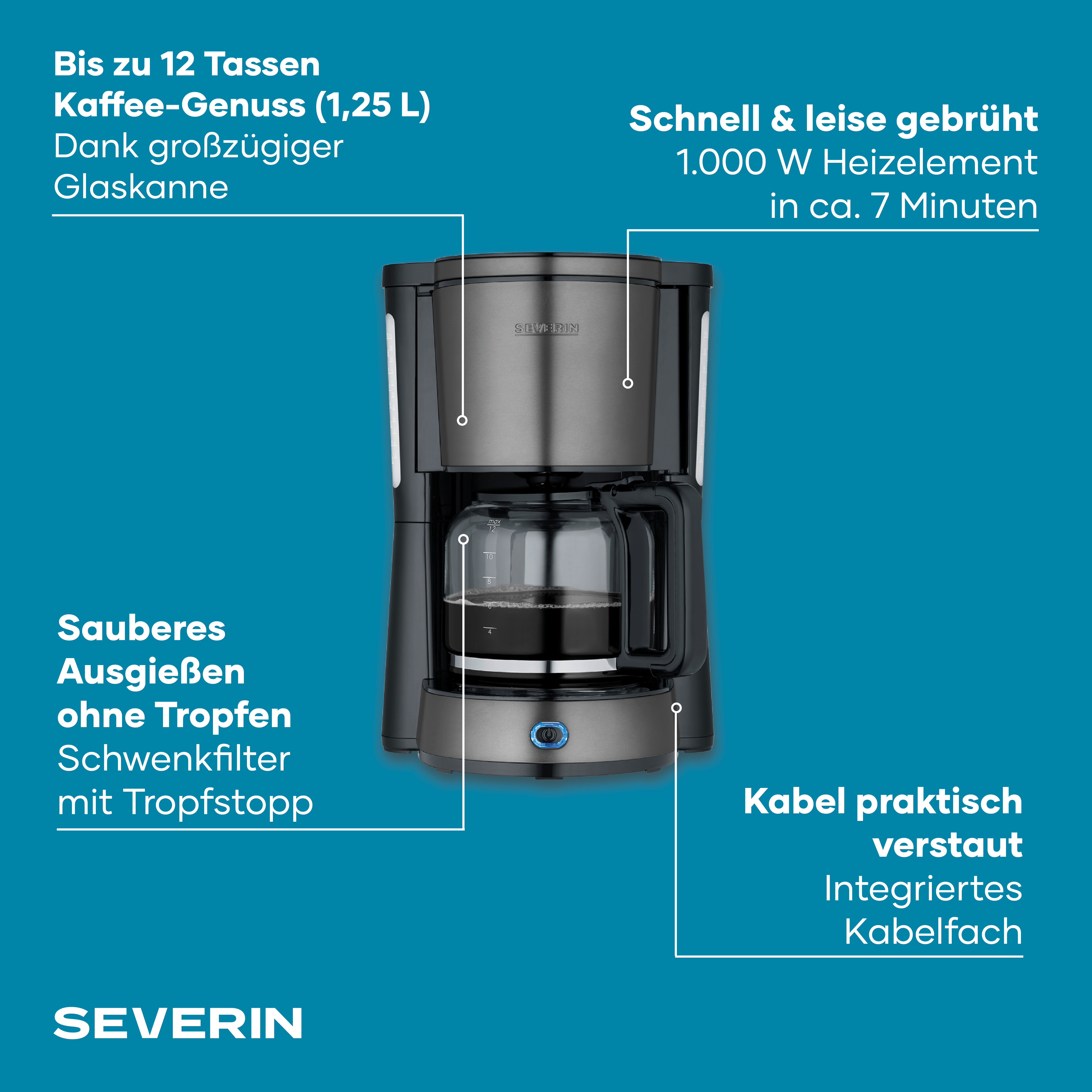 Cafetera Severin con jarra de cristal, capacidad 1,25L, 1000W, lista en aprox. 7 min.