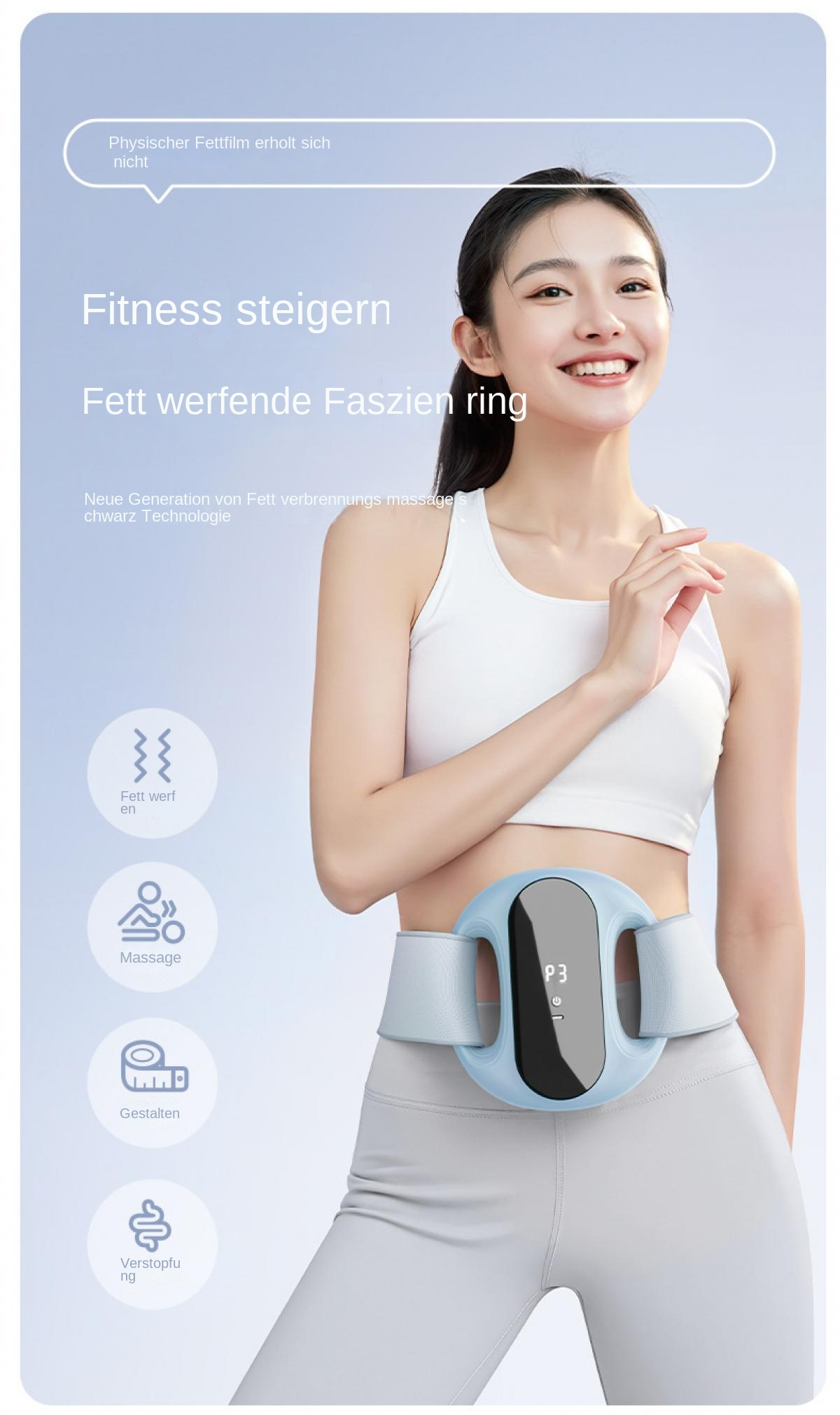 Eine Frau trägt ein Fitnessgerät um die Taille, das zur Fettreduktion dient.