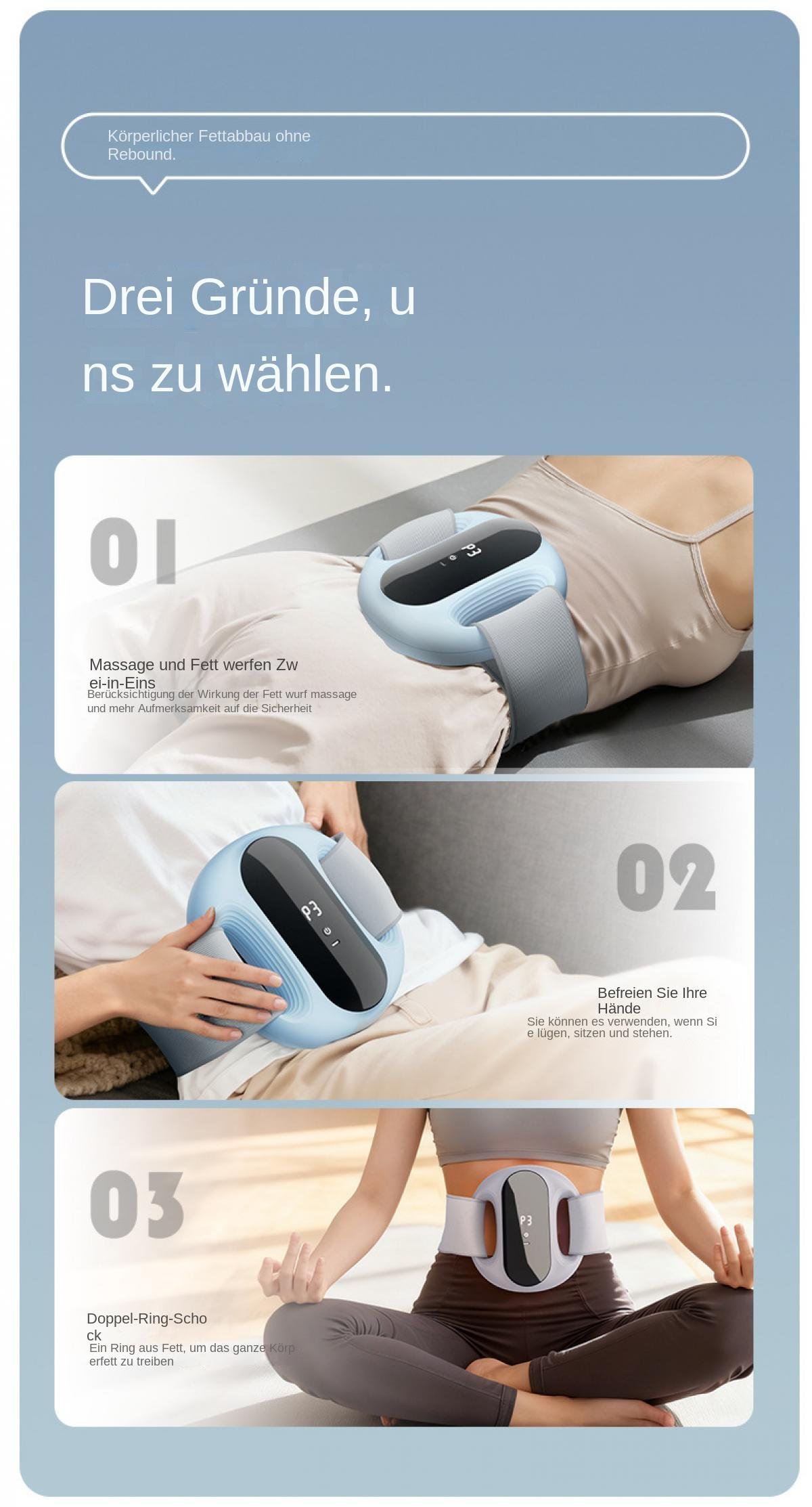 Drei Gründe, Körperformung ohne Rückprall, Massage & Fettabbau, Hände frei.