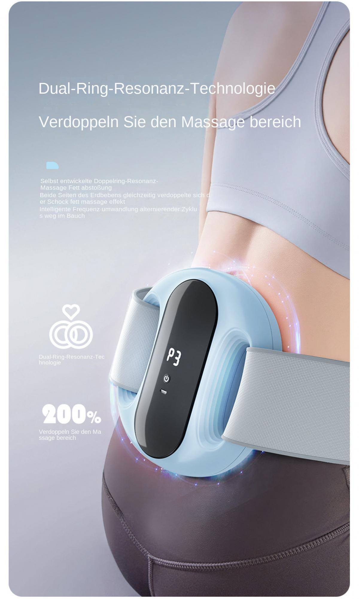 Ein blaues Massagegerät mit der Aufschrift P3 ist an der Taille einer Person befestigt.