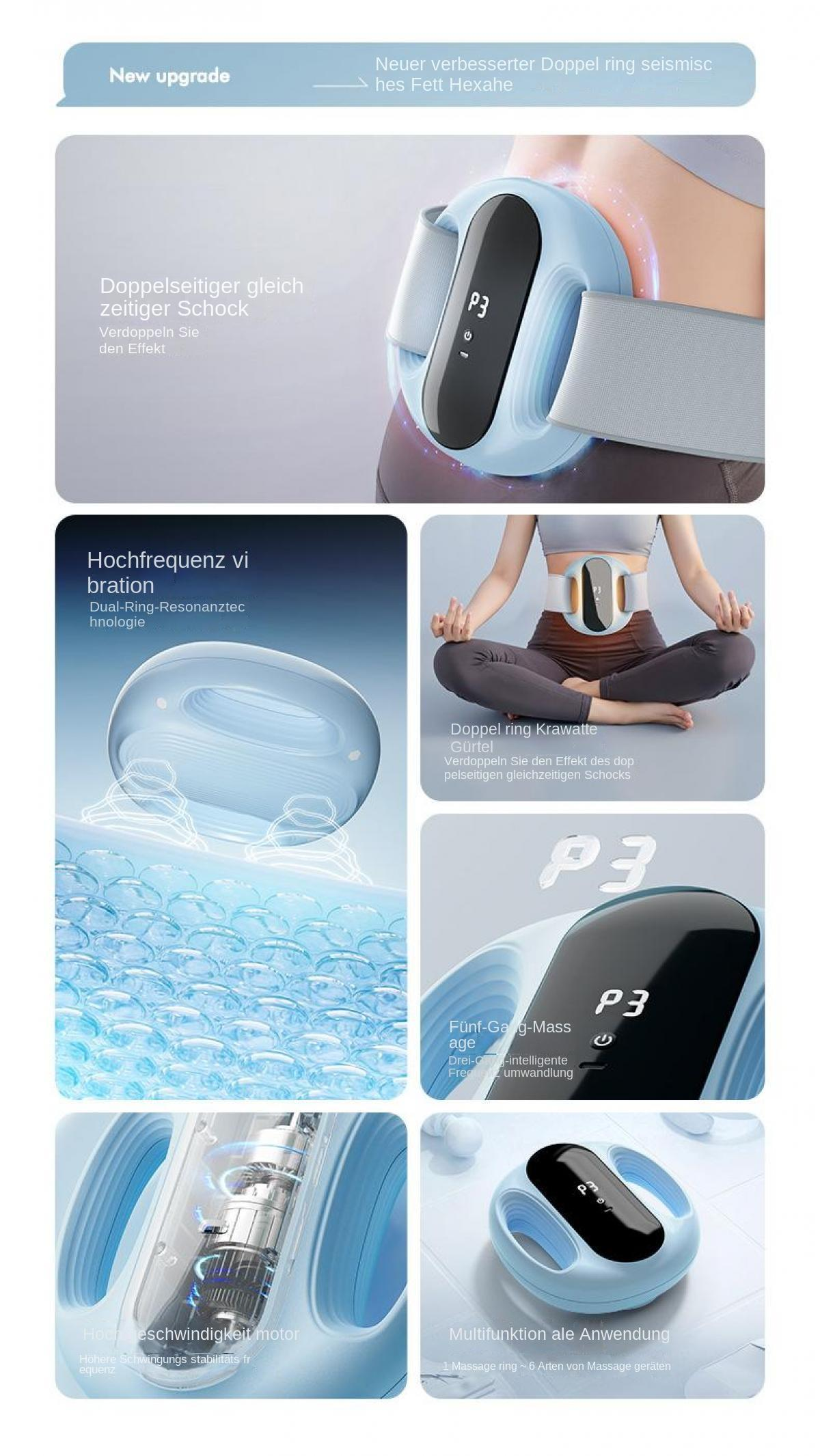 Ein blaues Massagegerät mit einem Display, das 'P3' zeigt, wird an einer Taille getragen.