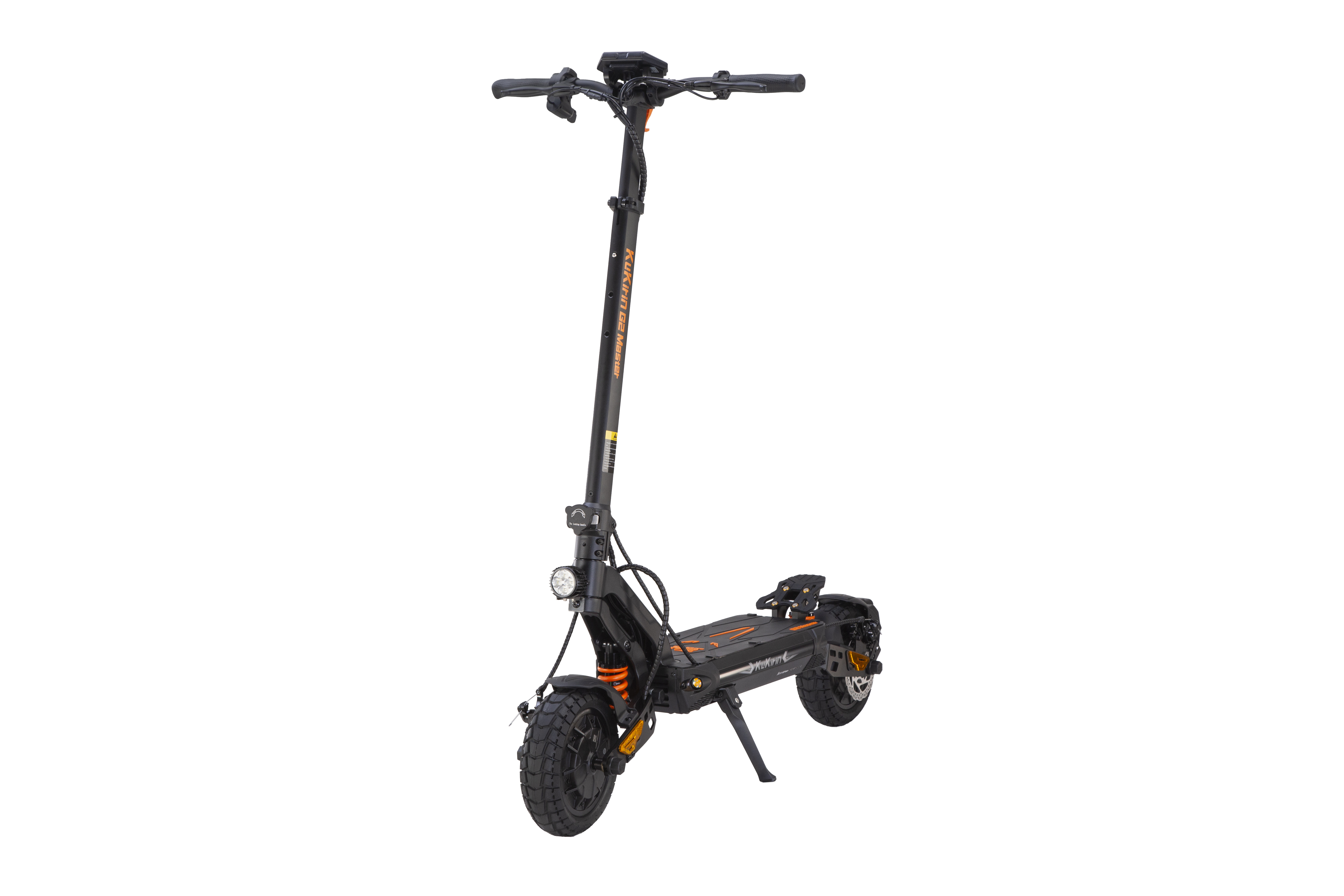 Monopattino elettrico nero con accenti arancioni, pneumatici larghi e sospensioni.