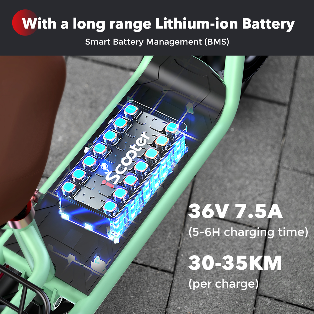 Primo piano della batteria di uno scooter elettrico verde con luci blu, 36V 7.5A.
