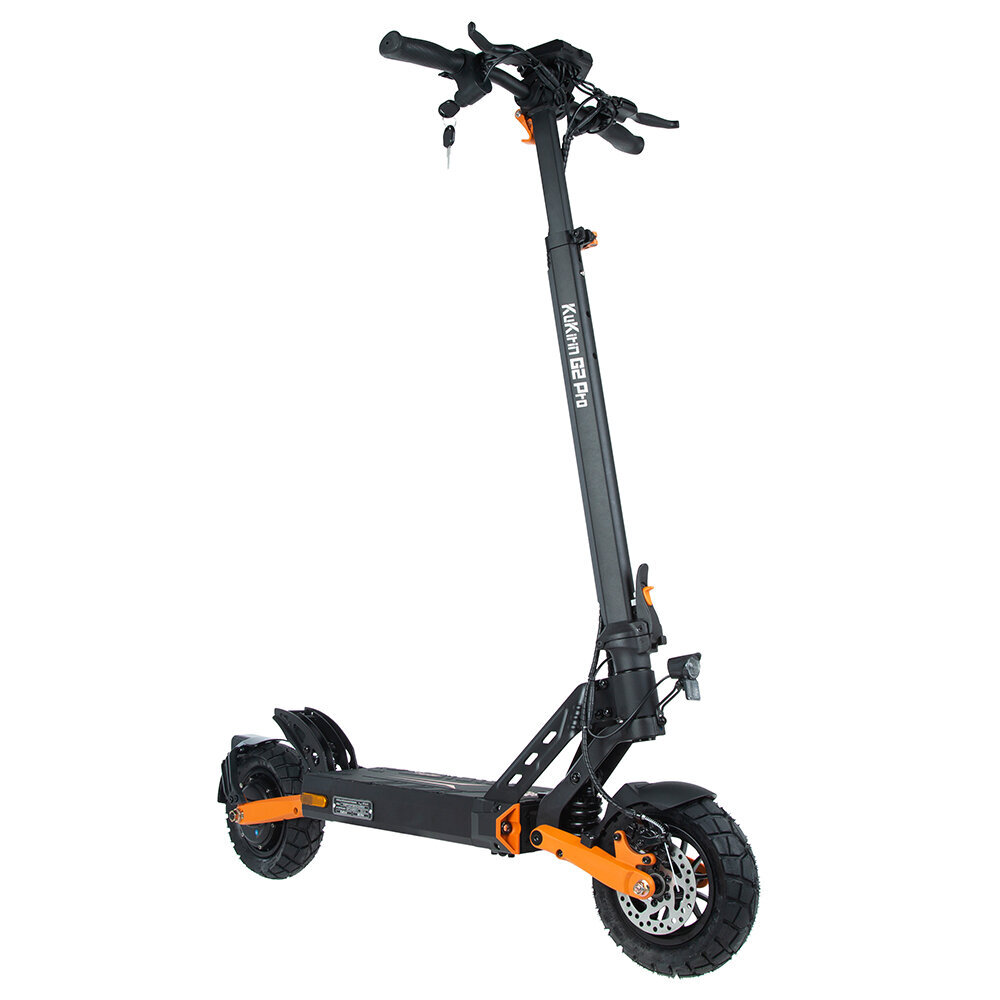 Un patinete eléctrico negro con detalles naranjas y ruedas grandes.