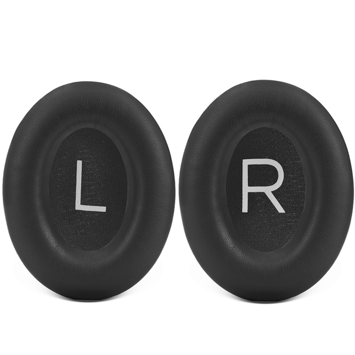 Auricolari neri per cuffie, uno marcato L, l'altro R.