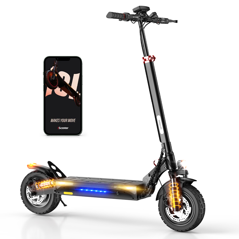 Monopattino elettrico nero con pedana illuminata e uno smartphone accanto.