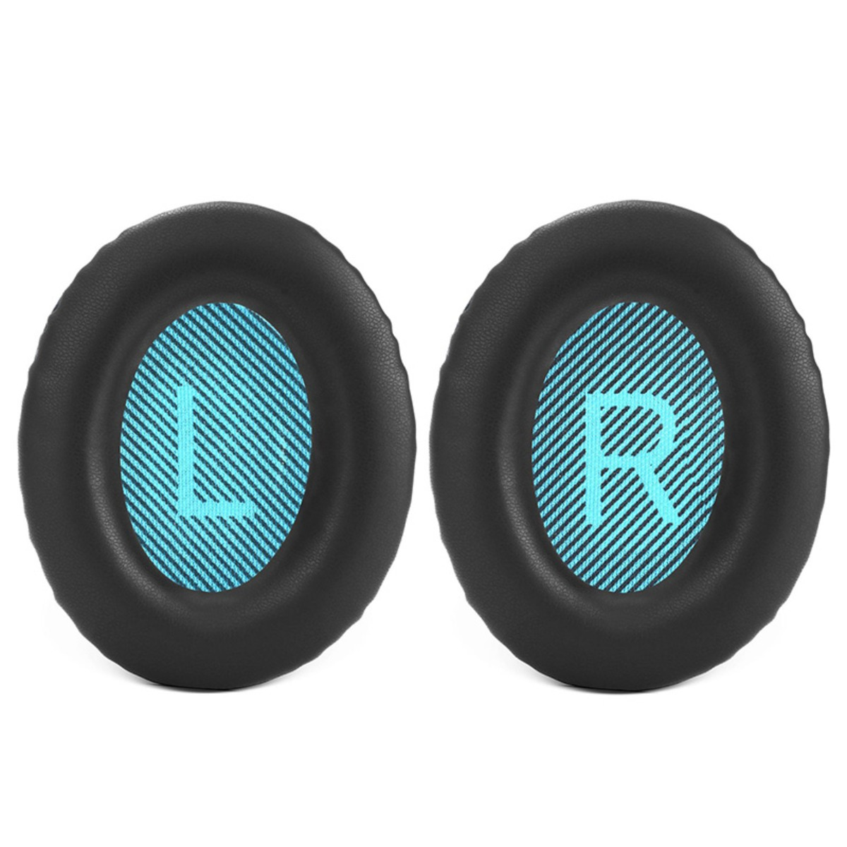 Due cuscinetti neri con marchi blu "L" e "R".