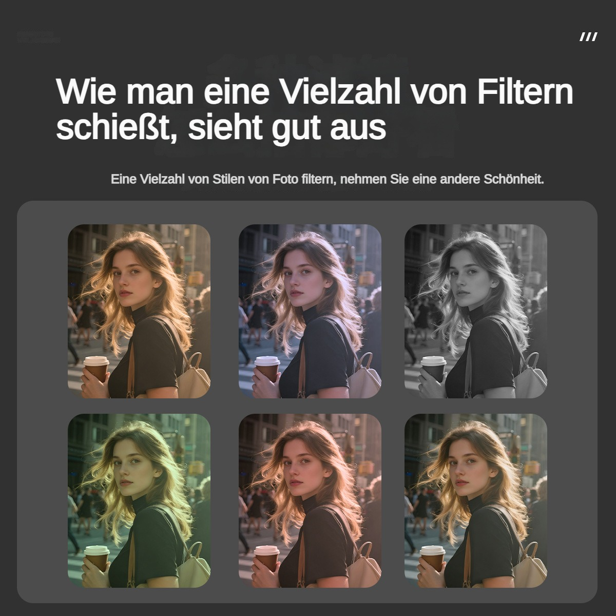 Frau mit Kaffee in verschiedenen Farbfiltern, städtischer Hintergrund.