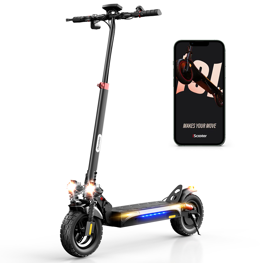 Uno scooter elettrico nero con luci e uno smartphone accanto.