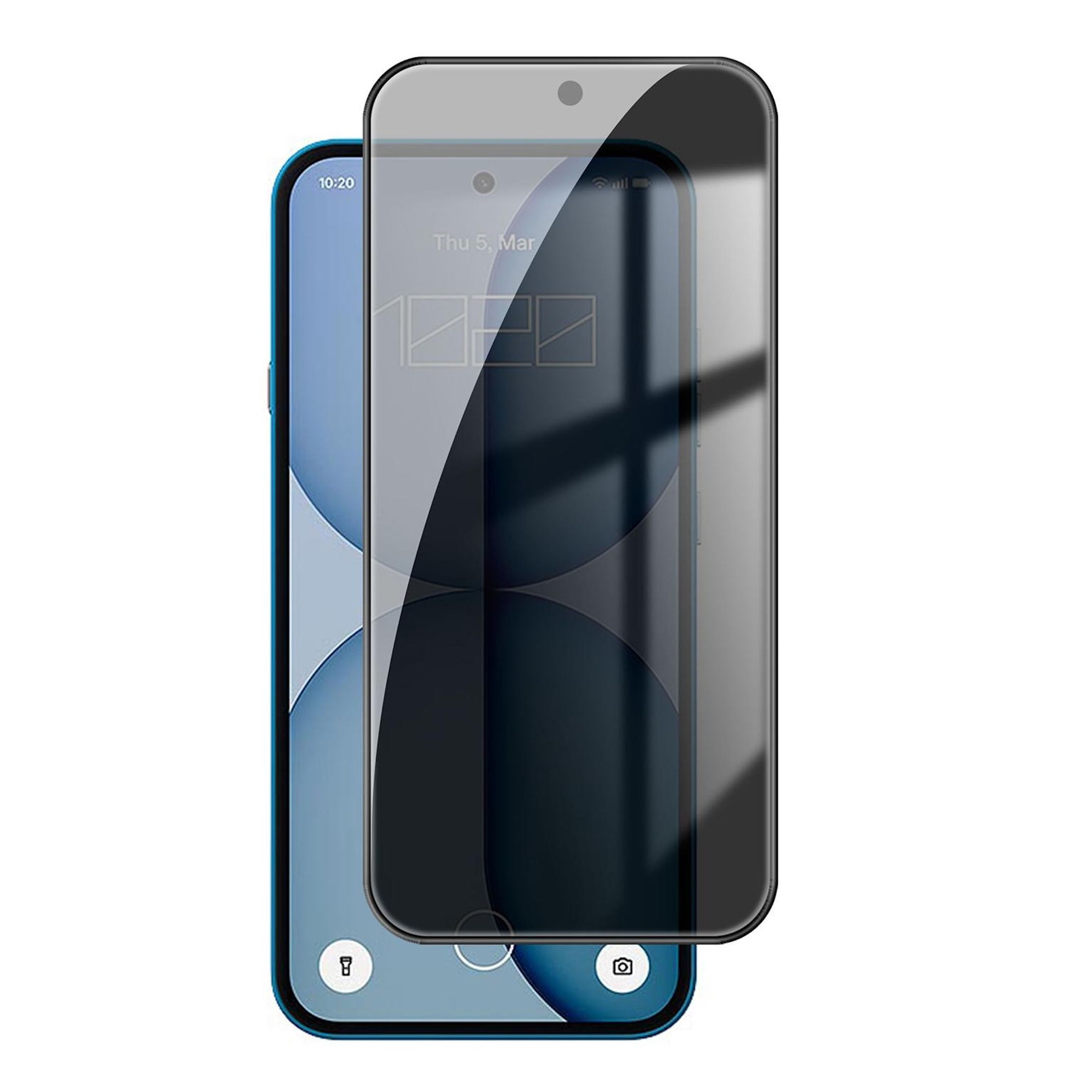 Ein schwarzer Sichtschutz-Displayschutz auf einem blauen Smartphone. Die Uhrzeit ist 10:20.