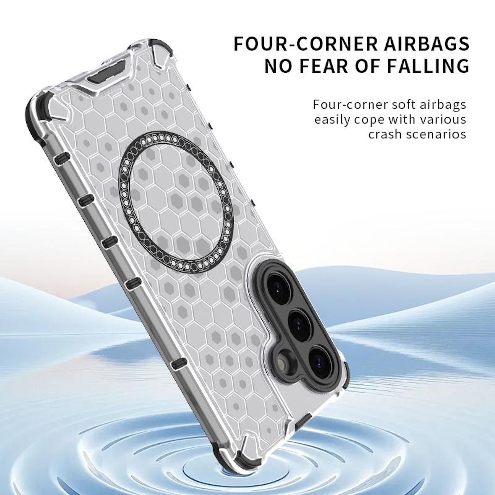 Funda plateada para teléfono con patrón de panal y esquinas de airbag sobre agua.