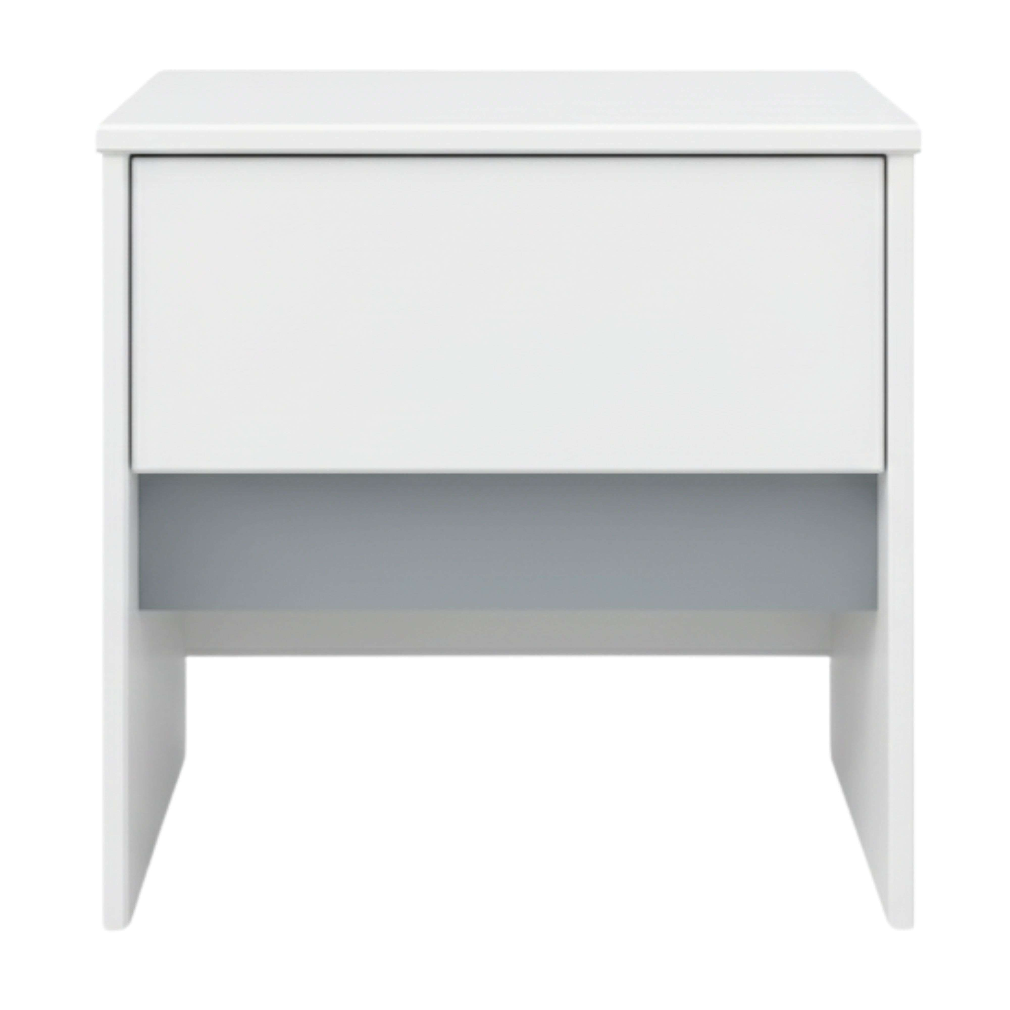 Una mesita de noche blanca moderna con un cajón y un compartimento gris.