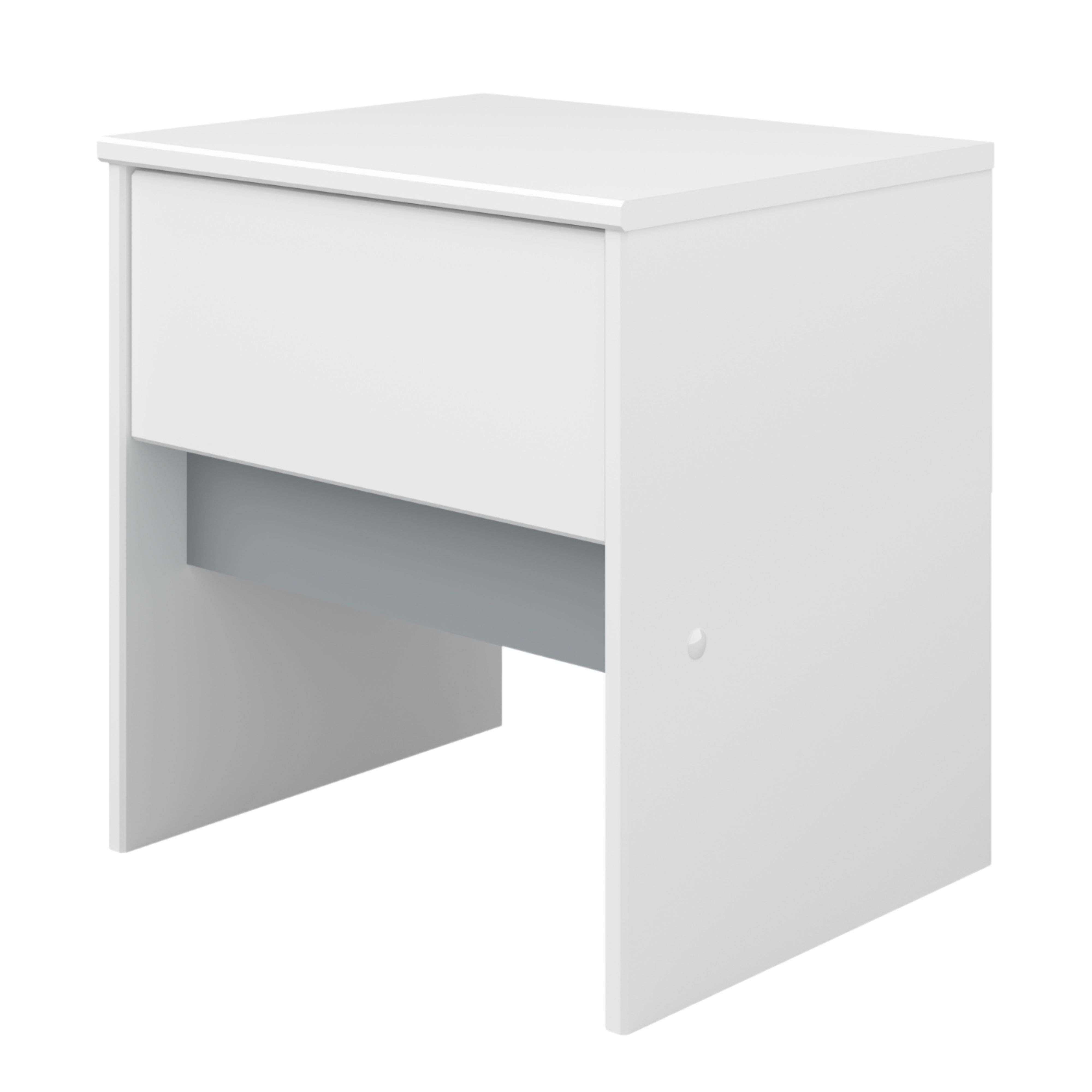 Una mesita de noche blanca con un cajón y un estante abierto.