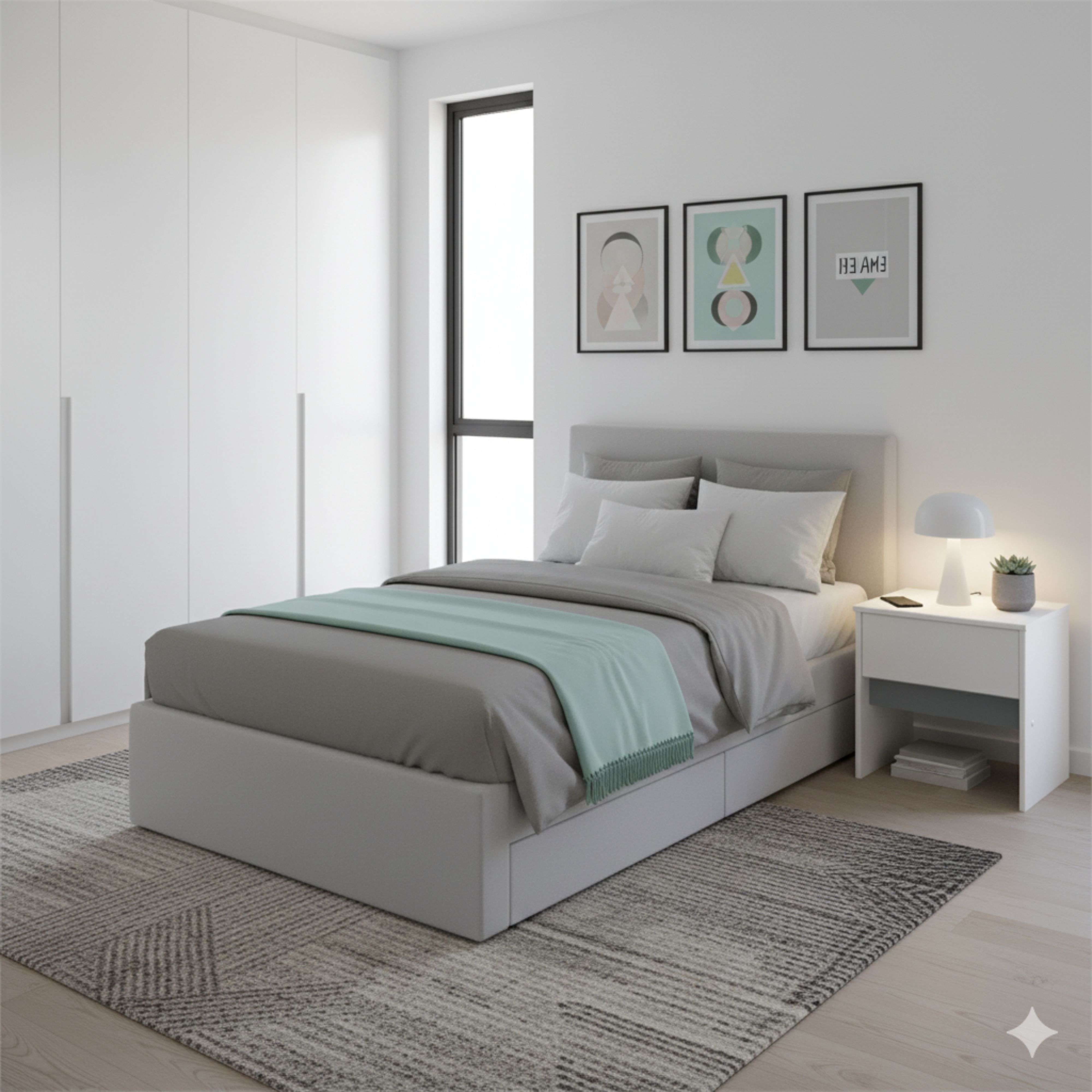 Dormitorio moderno con cama gris, manta turquesa y arte en la pared.