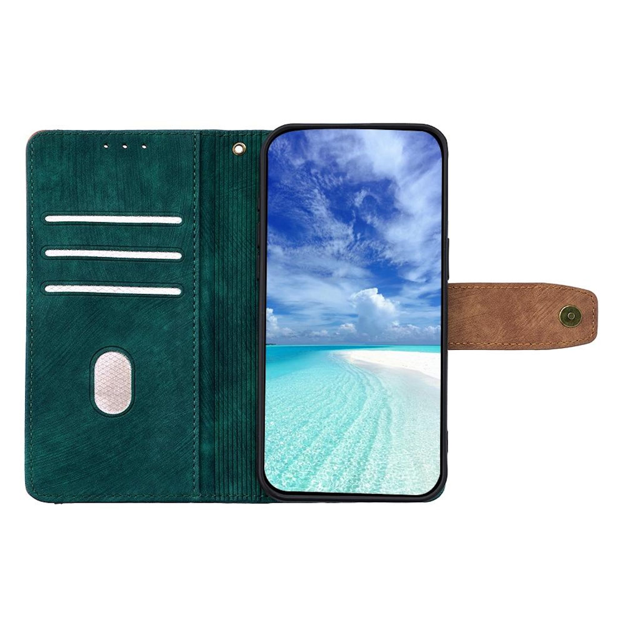 Grüne Handyhülle mit Kreditkartenfächern und einem Bild eines Strandes.