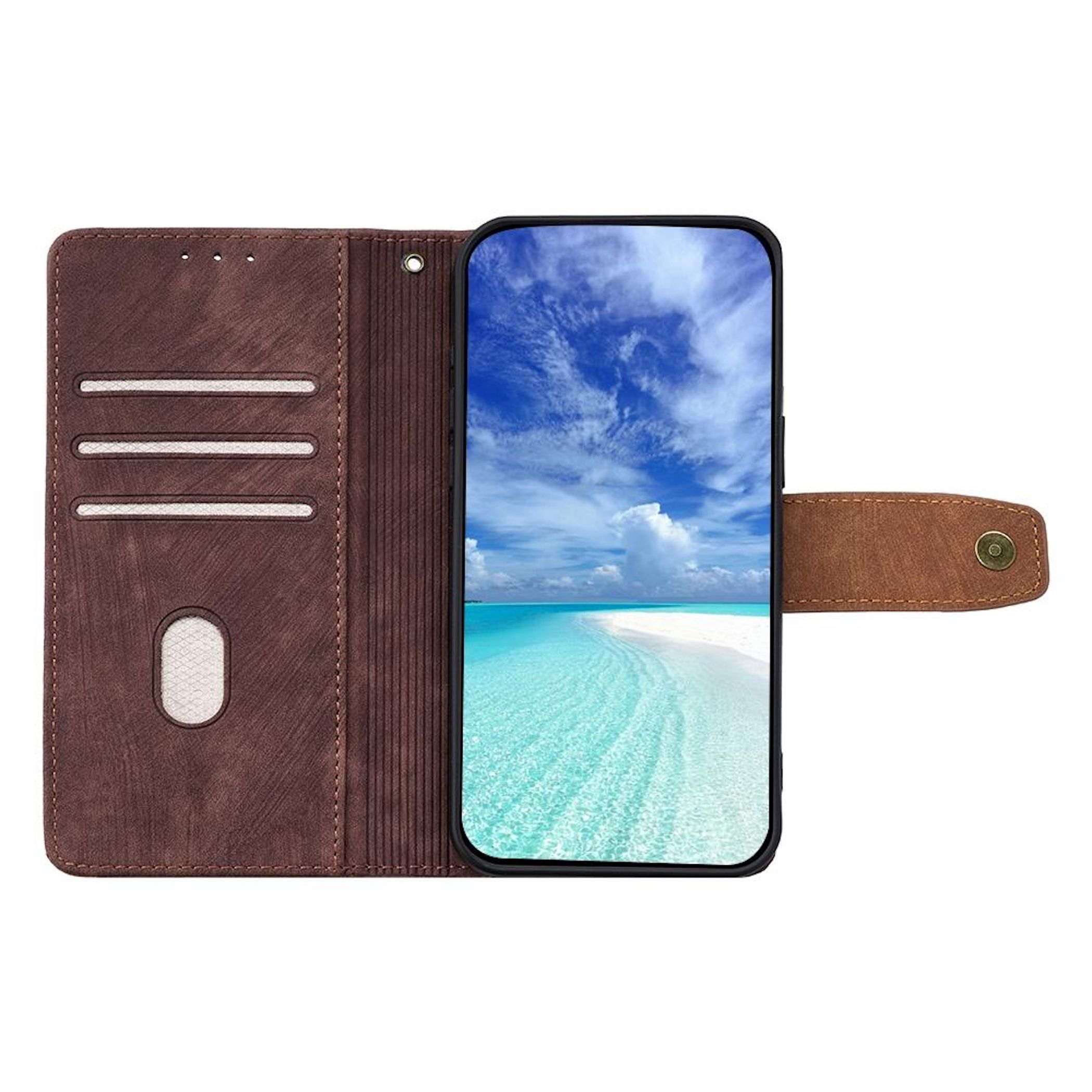 Braune Handyhülle mit Kartenfächern und Bildschirmanzeige einer tropischen Strandlandschaft.