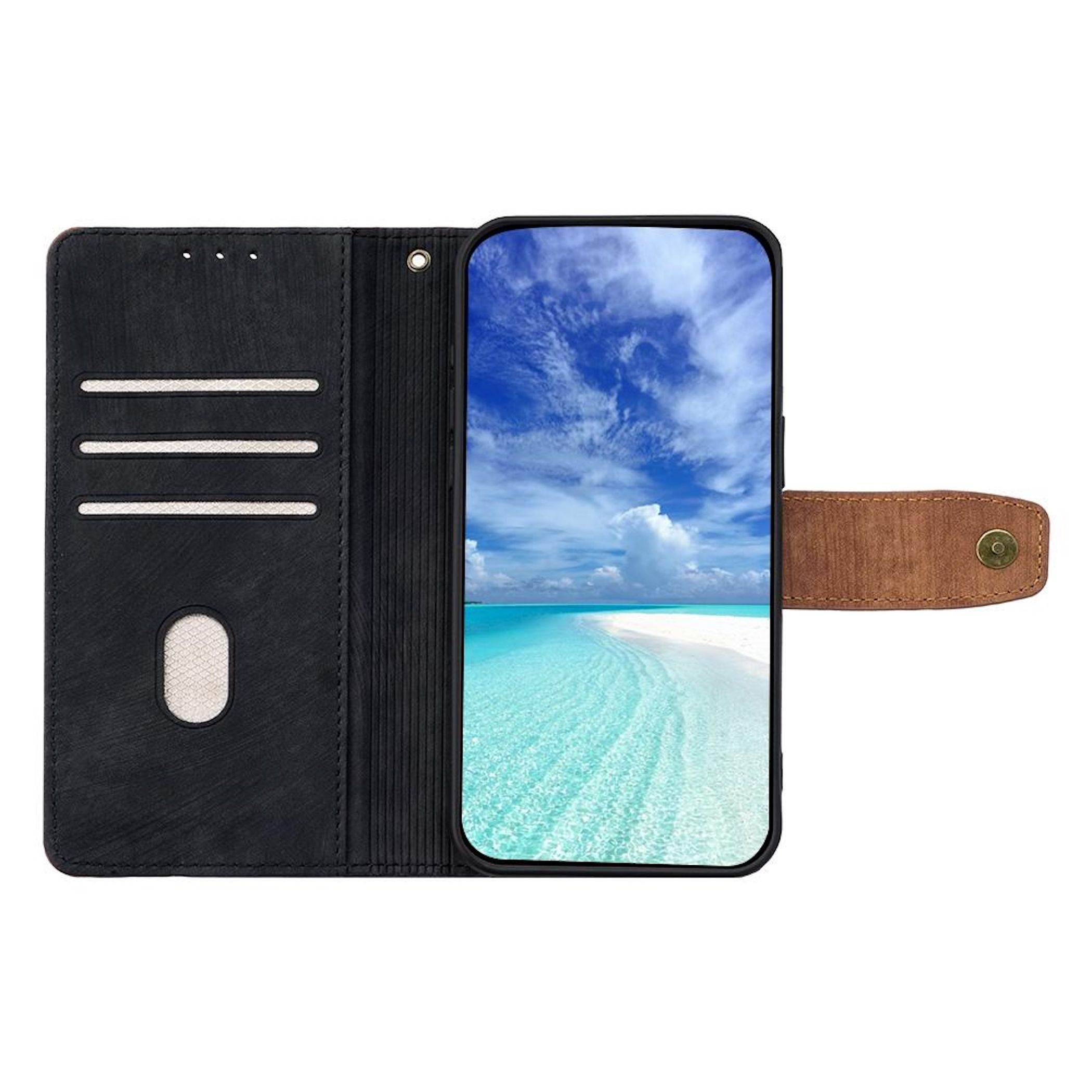 Schwarzes Handy-Brieftaschenetui mit braunem Riemen und Strandmotiv auf dem Bildschirm.