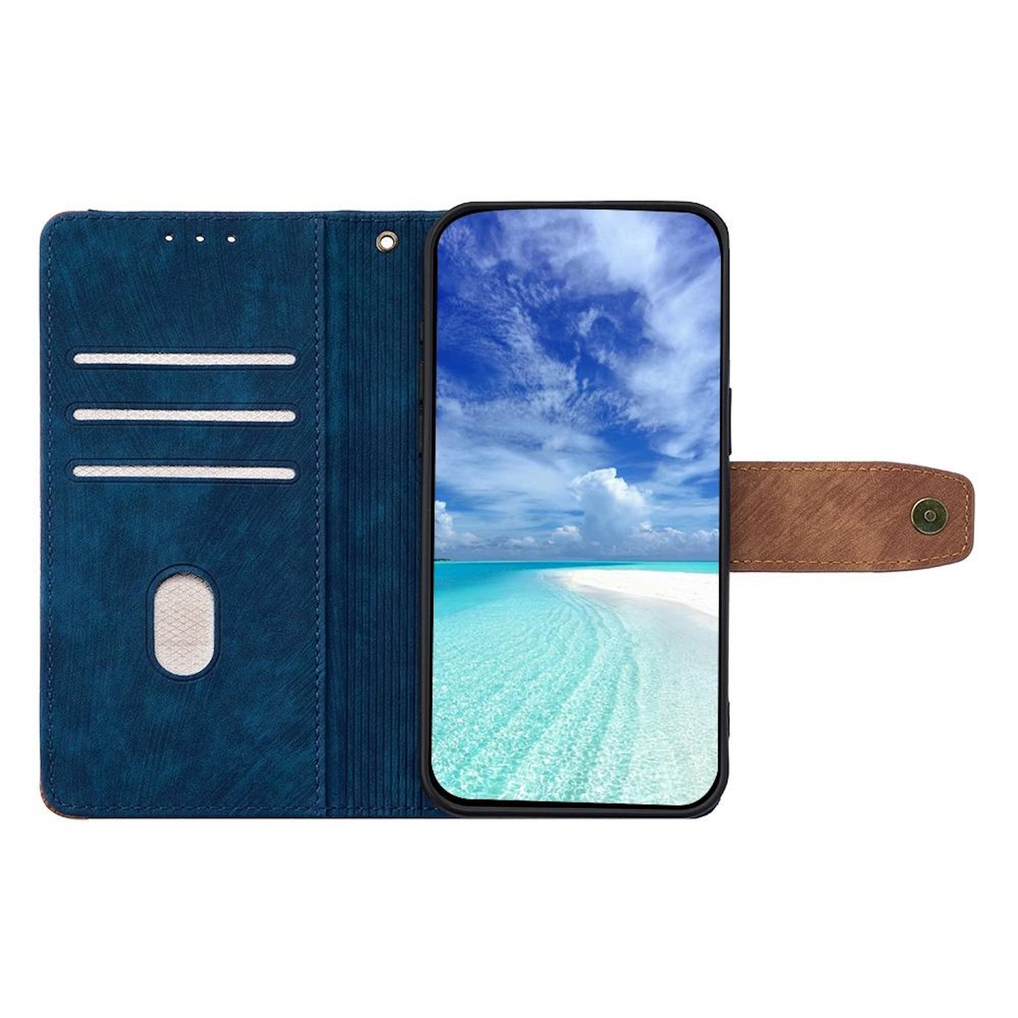 Blaue Handyhülle mit Strandmotiv auf dem Bildschirm und braunem Verschluss.