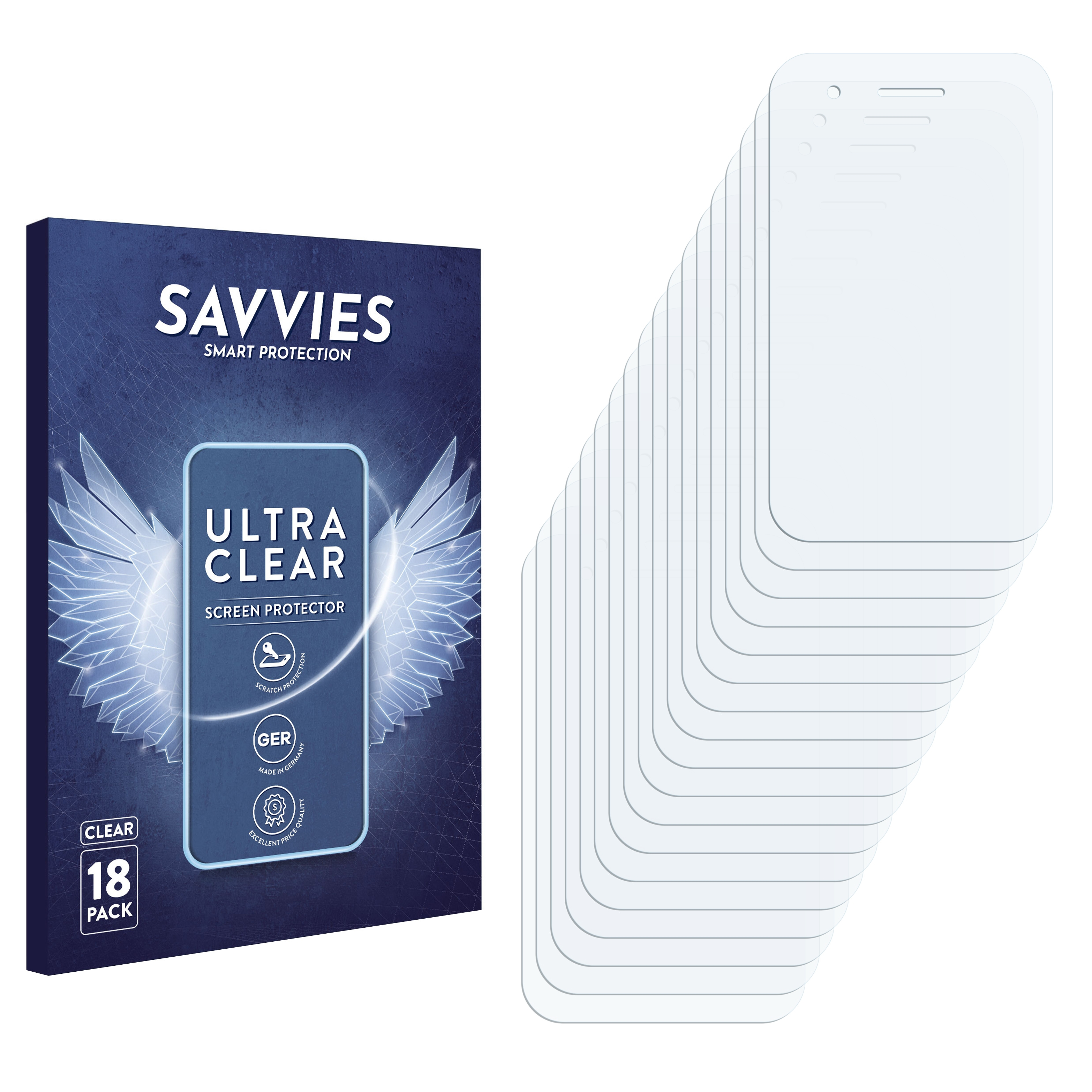 Verpackung für 18 Displayschutzfolien, mit Flügel- und Qualitätsmerkmalen.