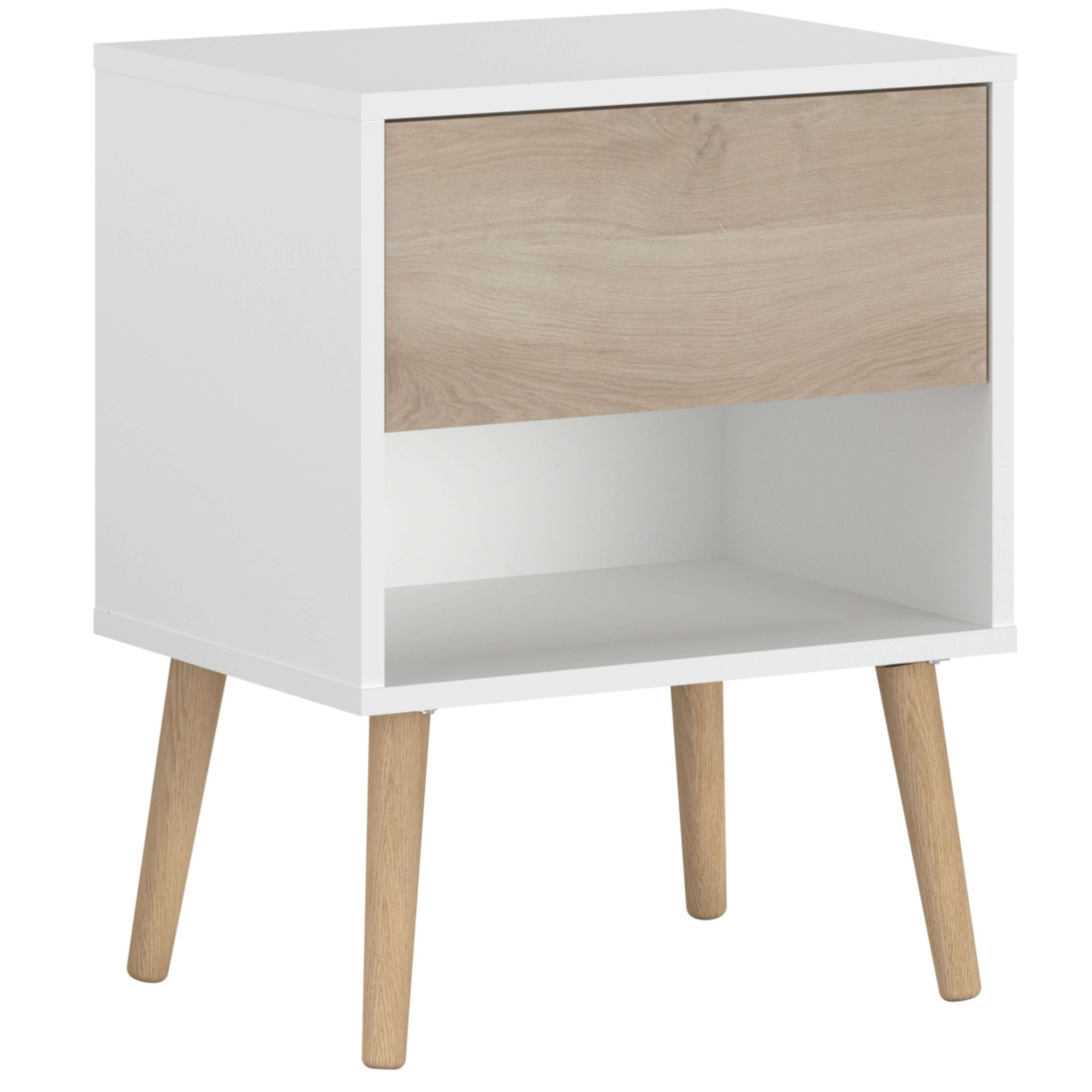 Una mesita de noche blanca con detalles de madera y cuatro patas.