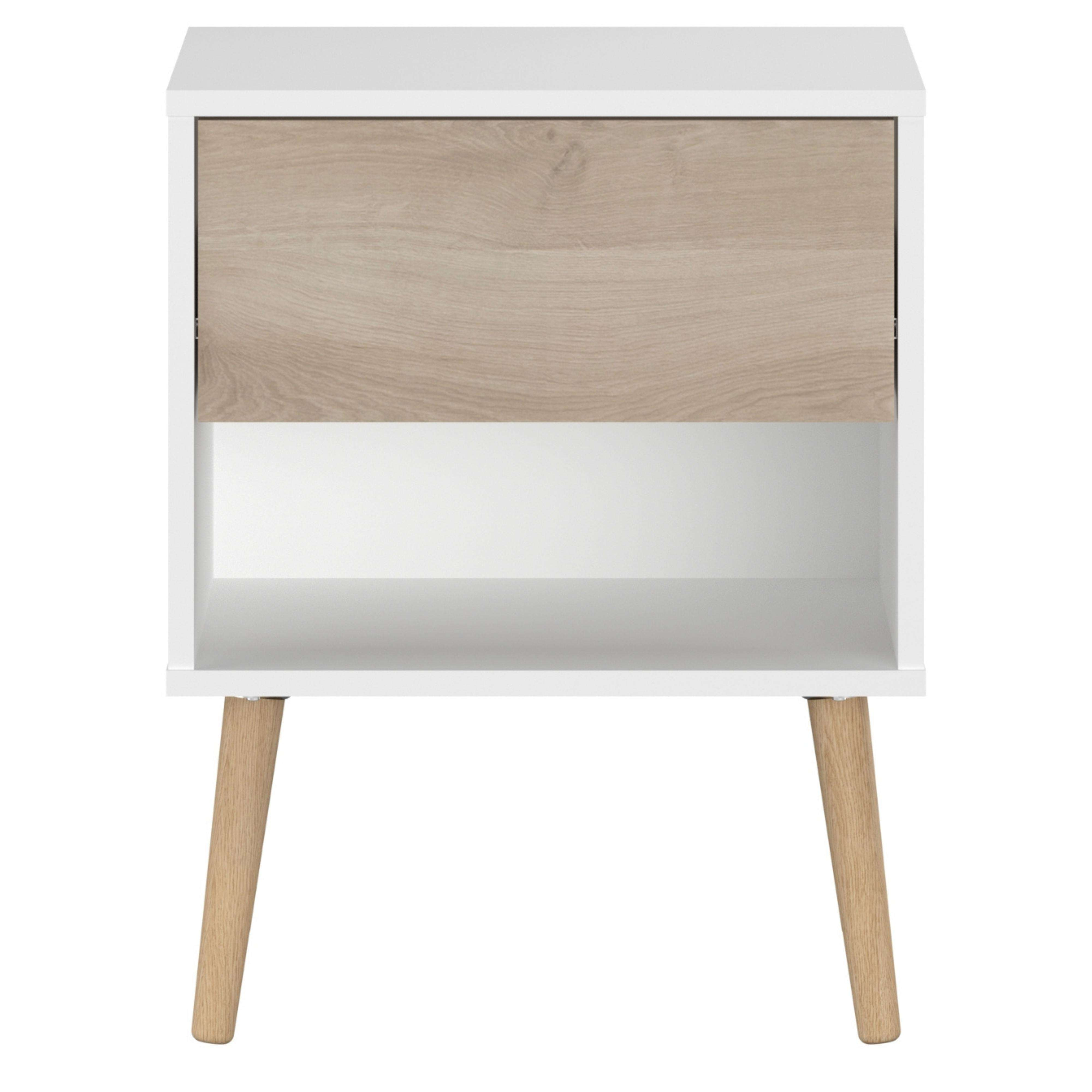 Una mesita de noche blanca con cajón y patas de madera.