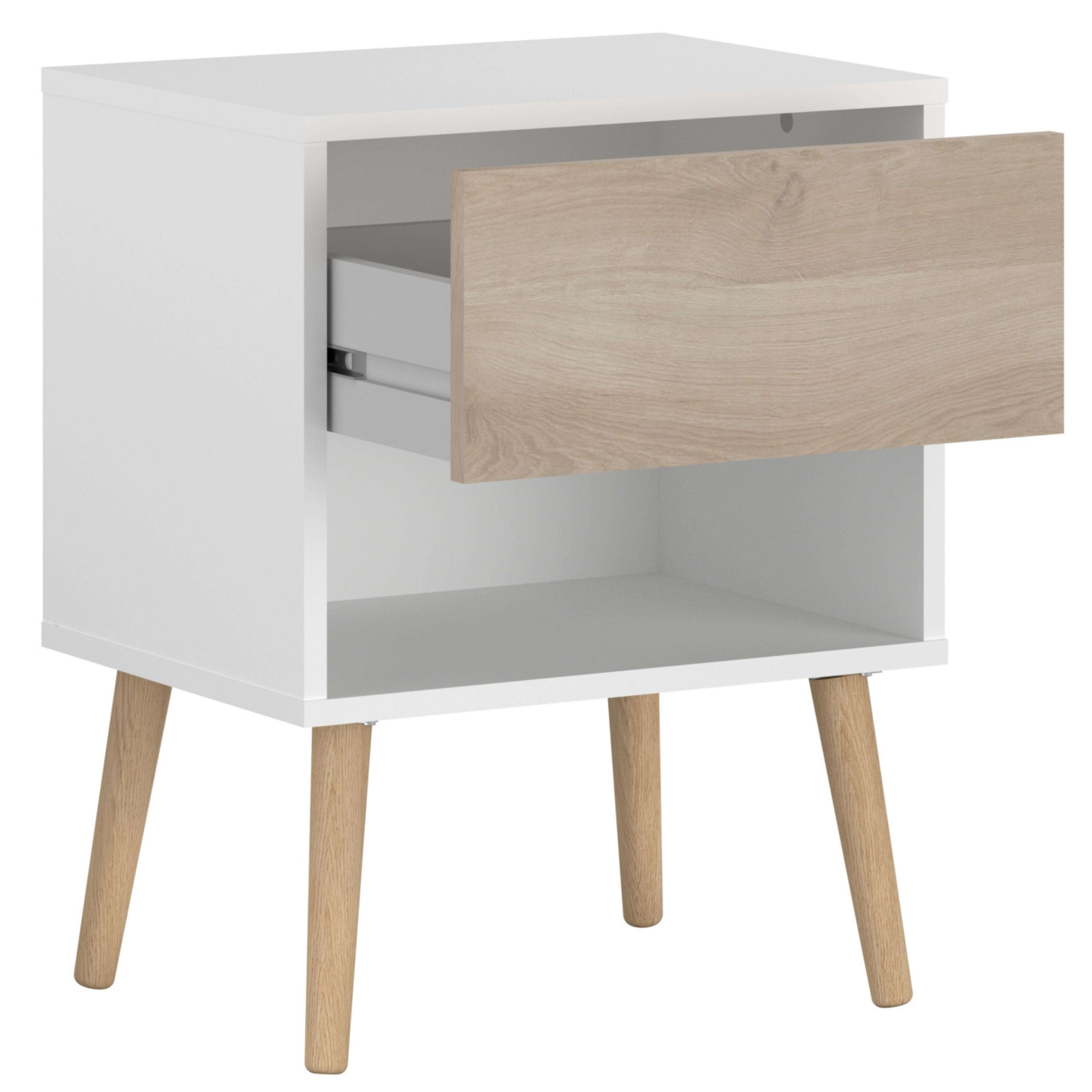Mesita de noche blanca con un cajón de madera abierto y cuatro patas de madera.