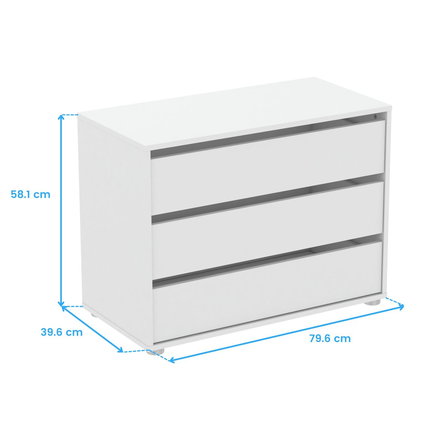 Cómoda blanca con tres cajones, dimensiones 79,6x39,6x58,1 cm.