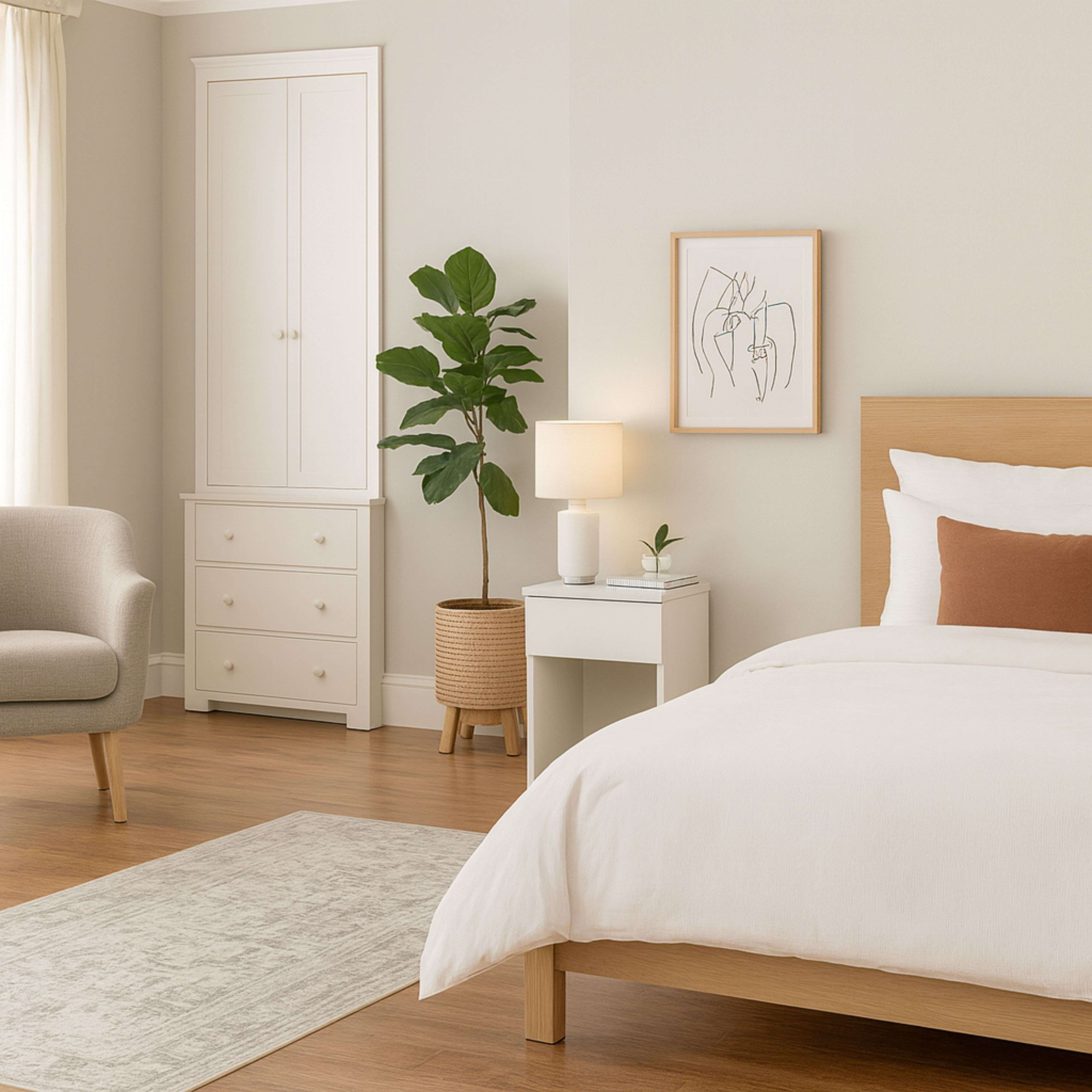 Un dormitorio minimalista con edredón blanco, marco de cama de madera y arte abstracto.
