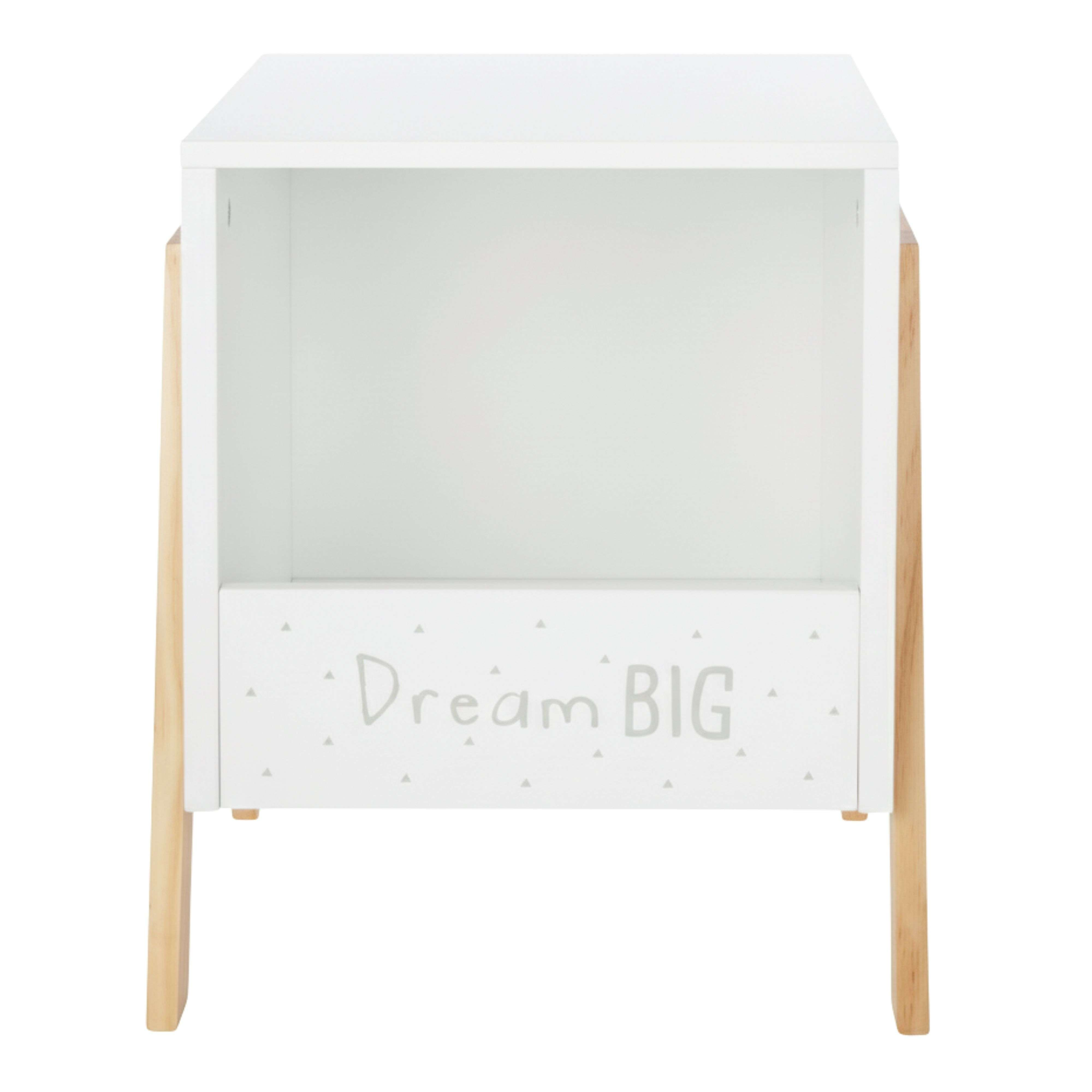 Una mesita de noche blanca con patas de madera, con el texto "Dream BIG".