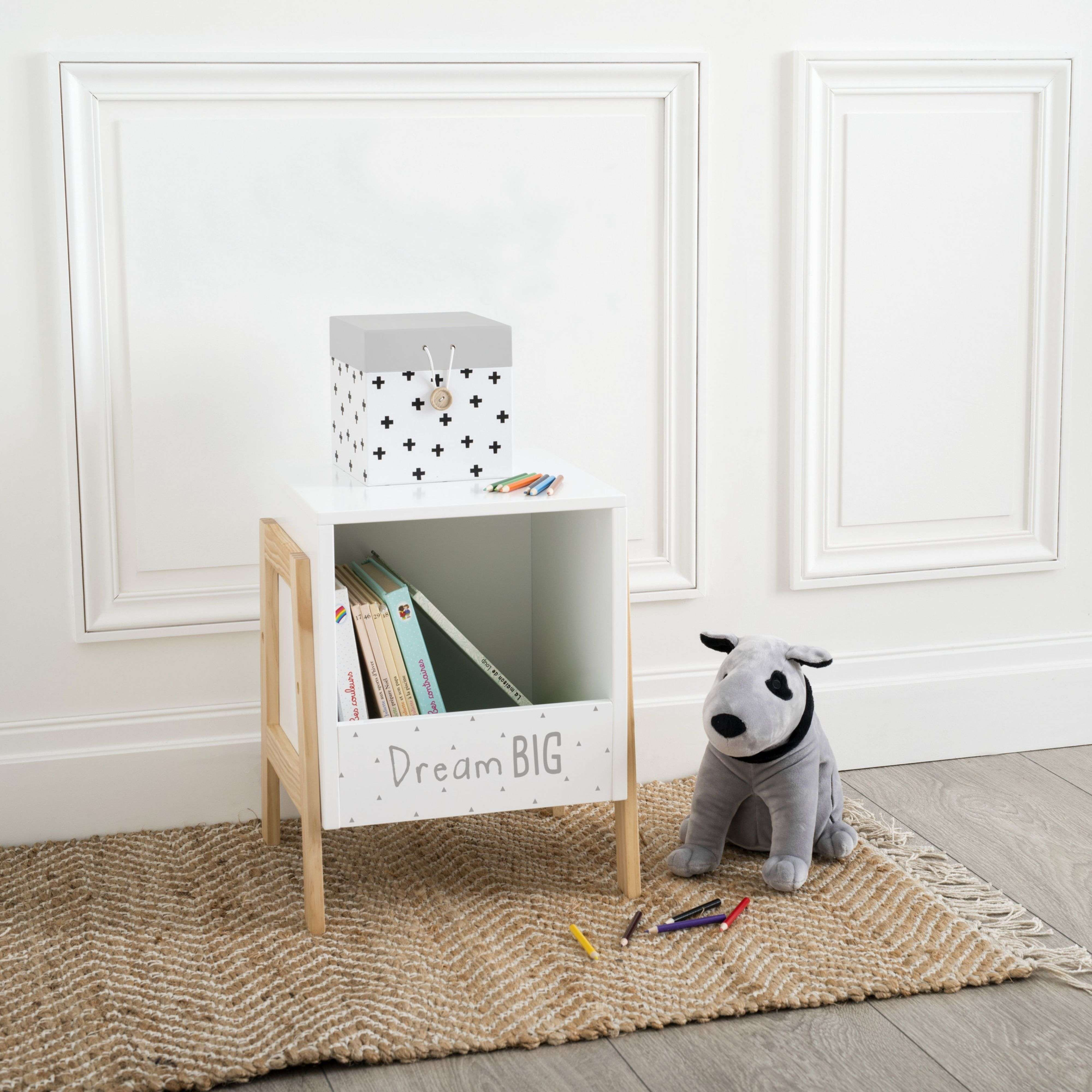 Un perro de peluche junto a una estantería con libros y una caja.