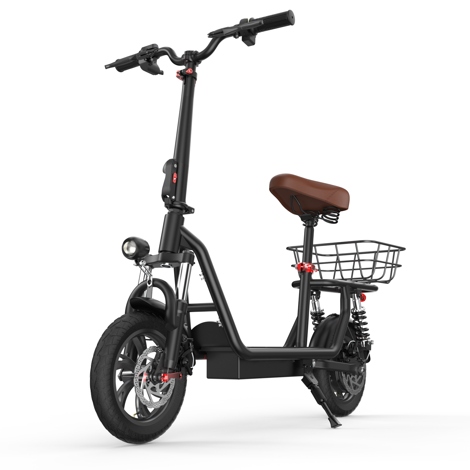 Uno scooter elettrico nero con sedile marrone e cestino anteriore. Ha un faro e freni a disco.