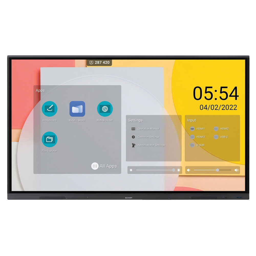 Un touchscreen Sharp mostra scelte app, impostazioni, ingressi e l'ora 05:54.